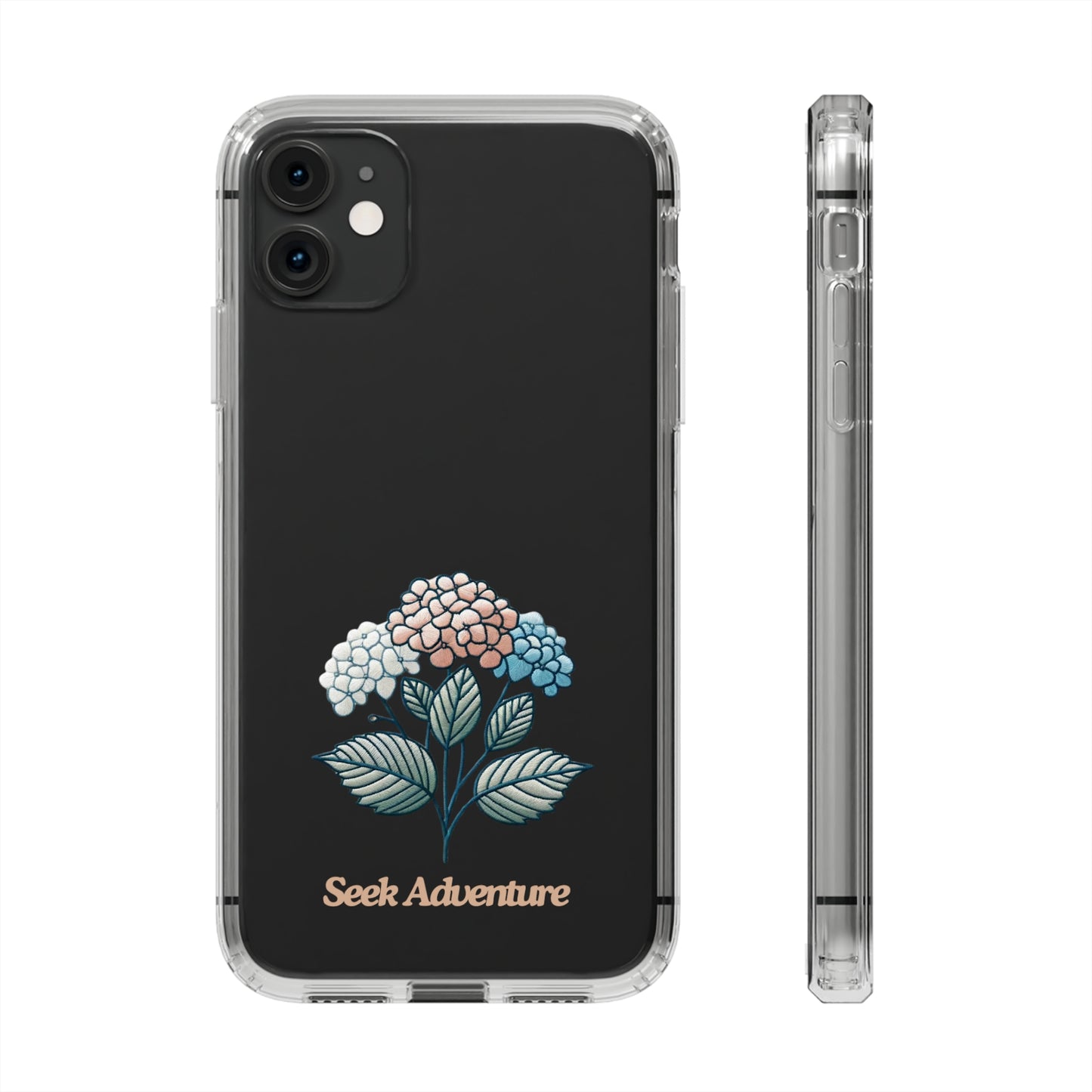 Blooming Hydrangeas clear phone case for iPhone 11, featuring embroidery design of hydrangeas, floral elegance with "Seek Adventure" text.