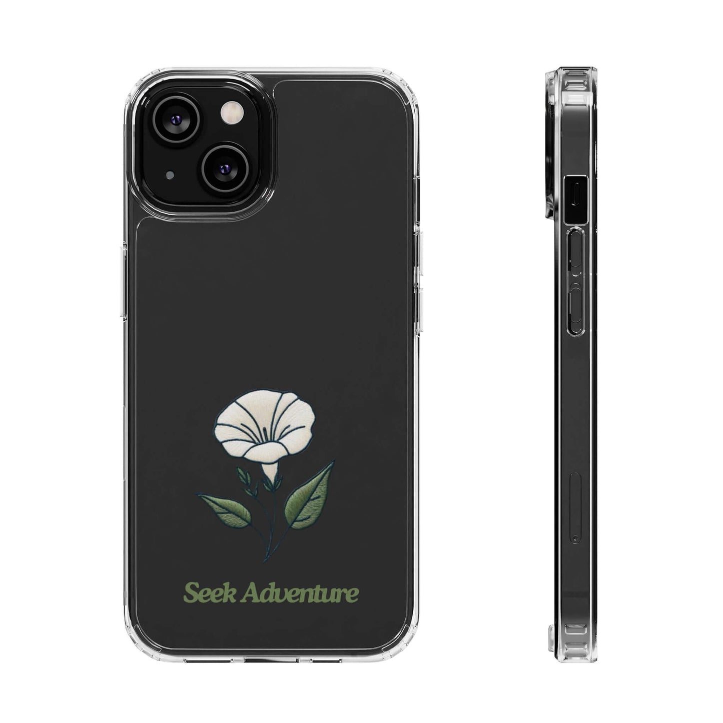 Floral case for iPhone 11 with morning glory embroidery design, sleek clear phone shell with "Seek Adventure" text