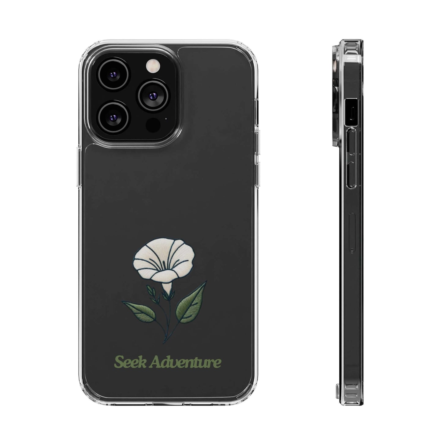 Clear iPhone 11 case with minimalistic morning glory flower embroidery design and 'Seek Adventure' text, modern and sleek phone shell.