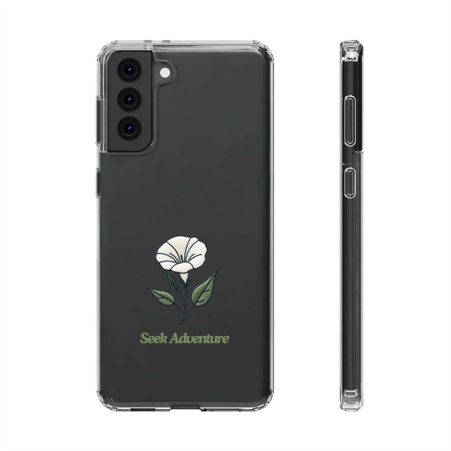 "Morning Glory floral iPhone 11 case with minimalistic embroidery of white flower and green leaves on sleek clear shell, 'Seek Adventure' text"