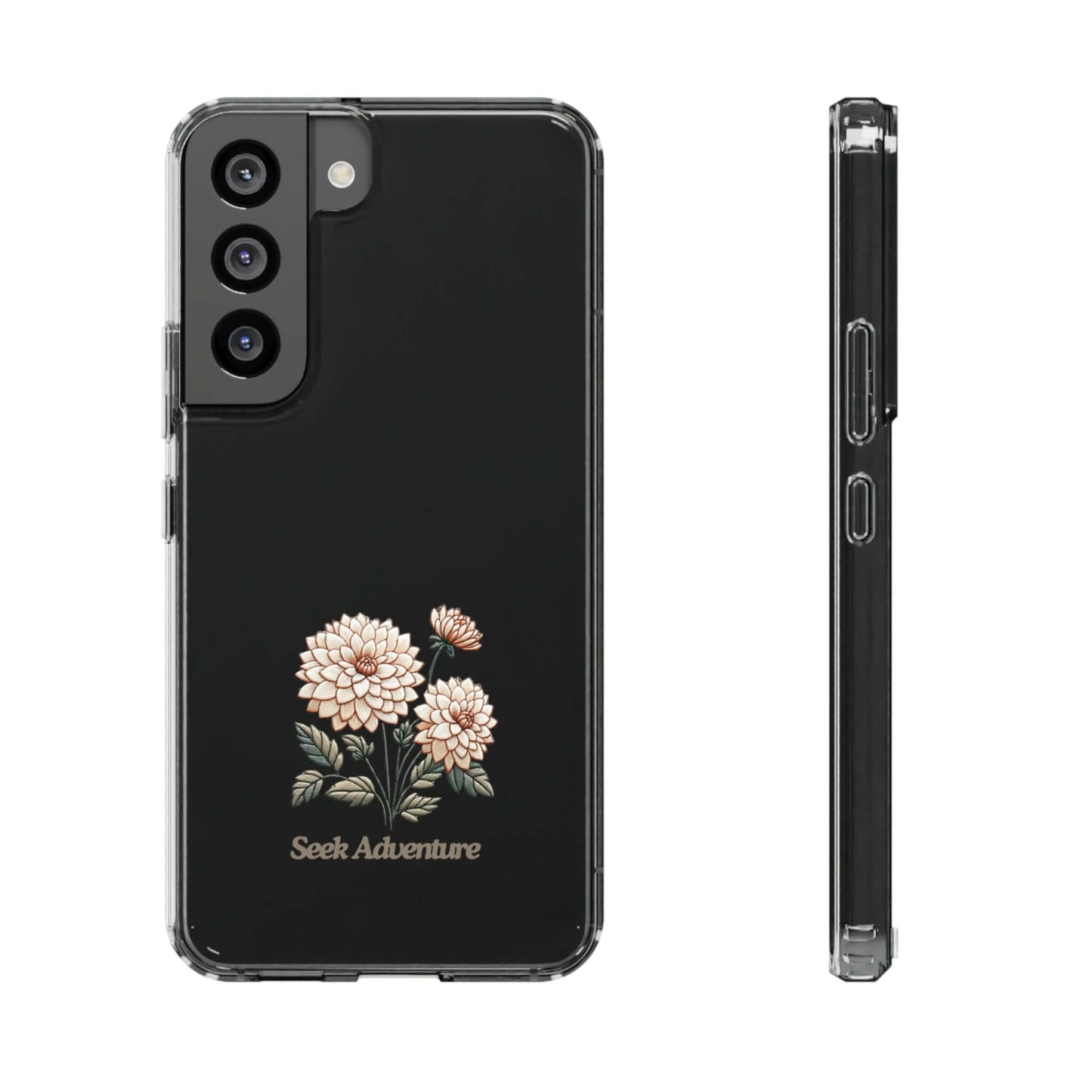 Clear floral case for iPhone 11 with minimalistic embroidered dahlias and "Seek Adventure" message, featuring botanical elegance.