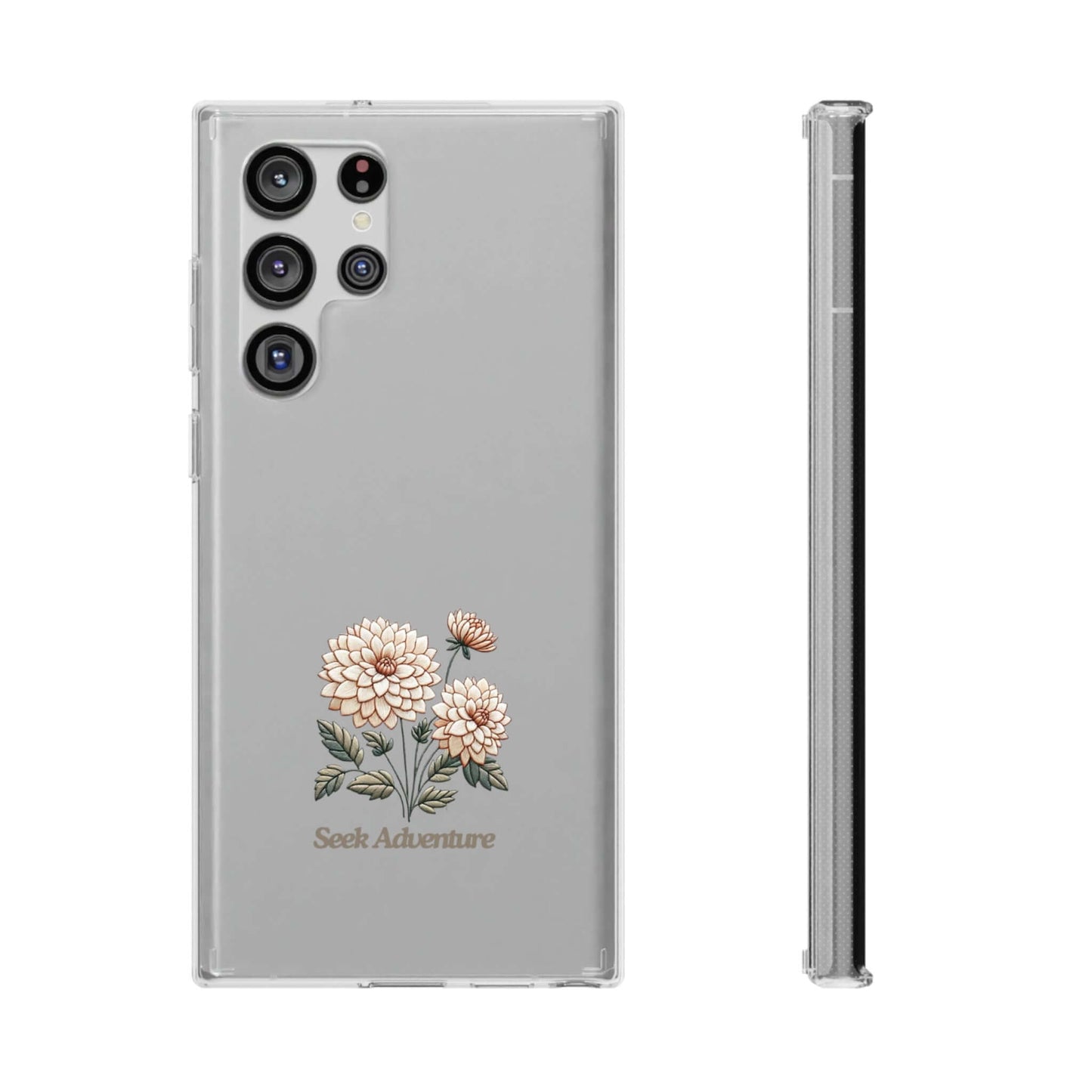 Clear phone case for iPhone 11 with dahlia embroidery and "Seek Adventure" message, side view included. Stylish floral phone shell.