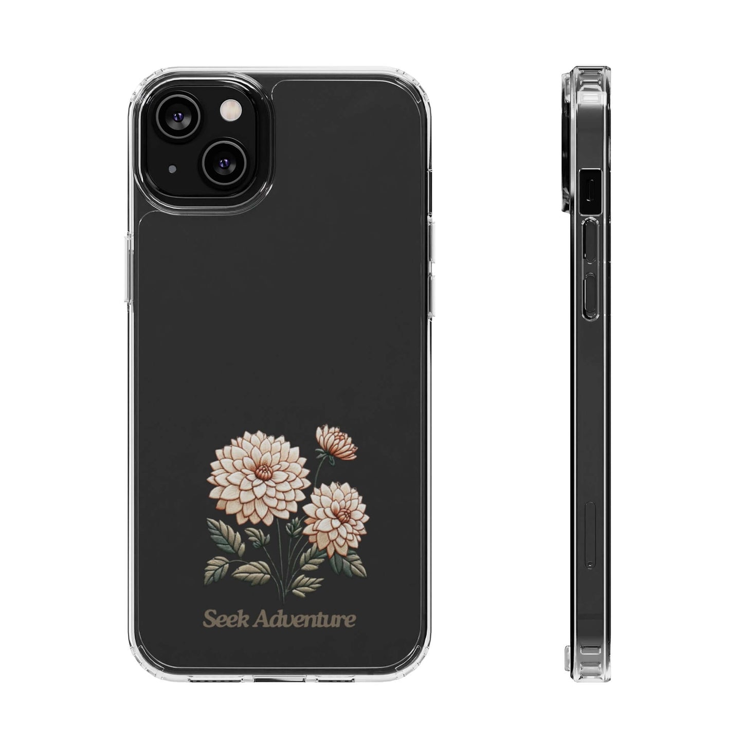 Dahlia Clear Case for iPhone 11 with minimalistic embroidery design and "Seek Adventure" message, perfect blend of botanical elegance and modern style.