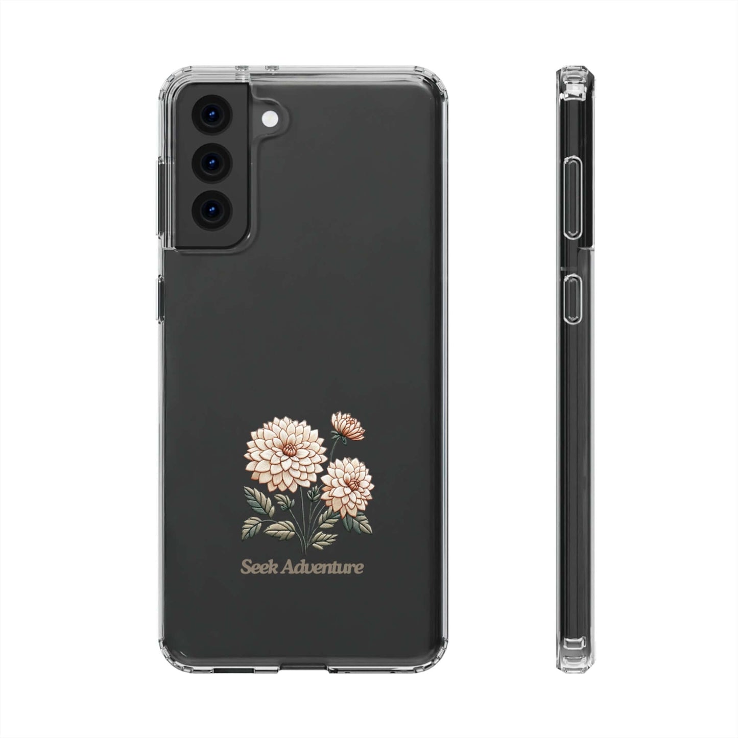 Elegant floral case for iPhone 11 with minimalistic dahlia embroidery and “Seek Adventure” message, perfect phone shell for style and protection.