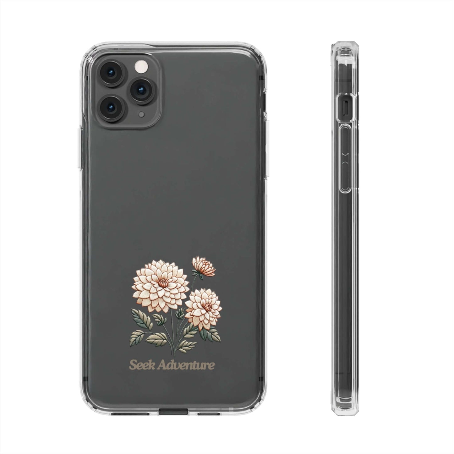 Clear iPhone 11 case with embroidered dahlia and "Seek Adventure" text, showcasing sleek floral design and high-quality materials.