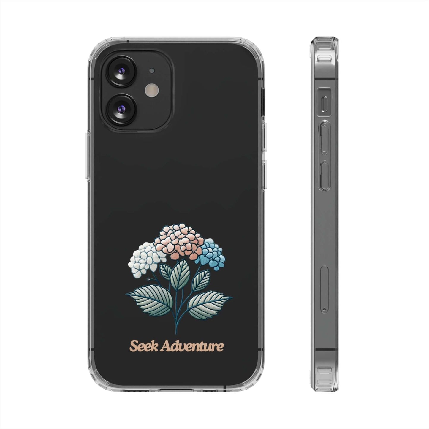 Blooming Hydrangeas floral case for iPhone 11 with minimalistic embroidery design - sleek and elegant phone shell with "Seek Adventure" text.