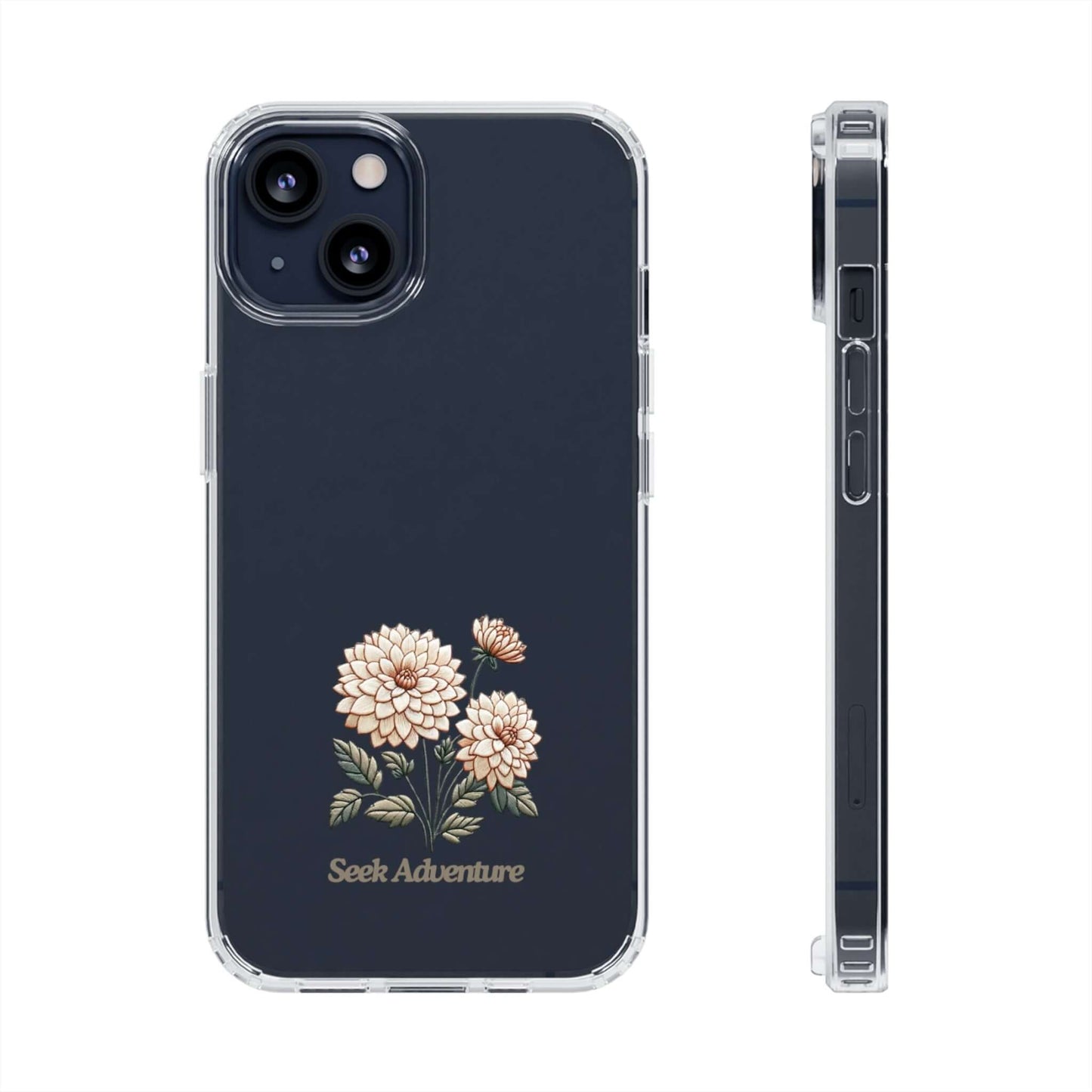 Clear iPhone 11 floral case with dahlia embroidery and 'Seek Adventure' message, side and back view of phone shell.