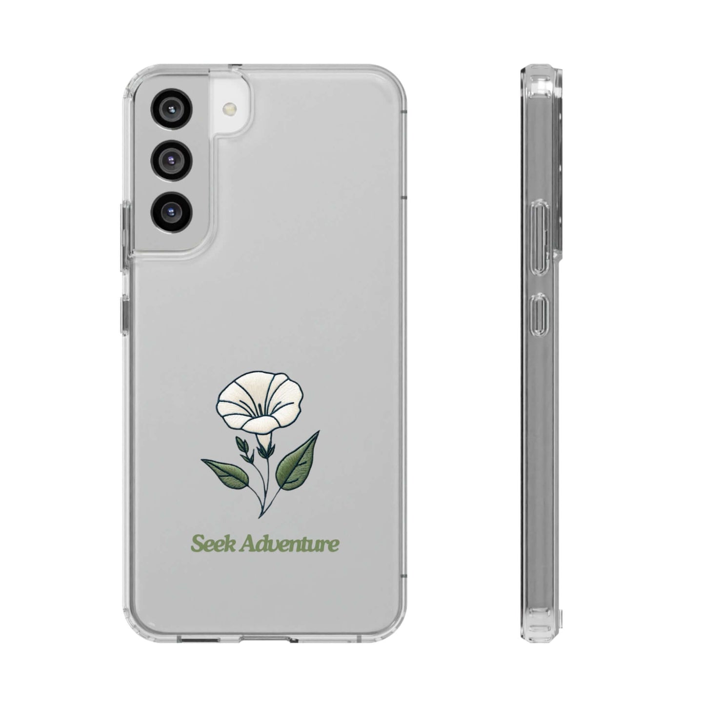 Clear phone case with a floral morning glory design and "Seek Adventure" message, perfect for iPhone 11. Sleek, modern phone shell.