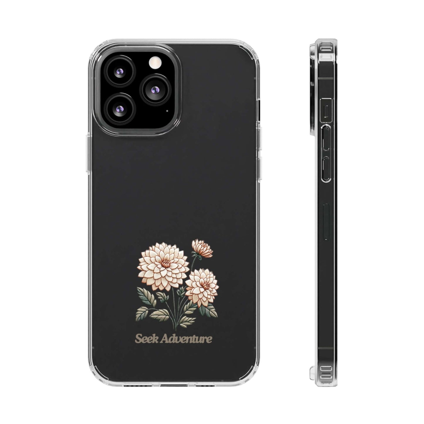 Clear Dahlia phone case for iPhone 11 with floral embroidery design and "Seek Adventure" message, side and back views shown