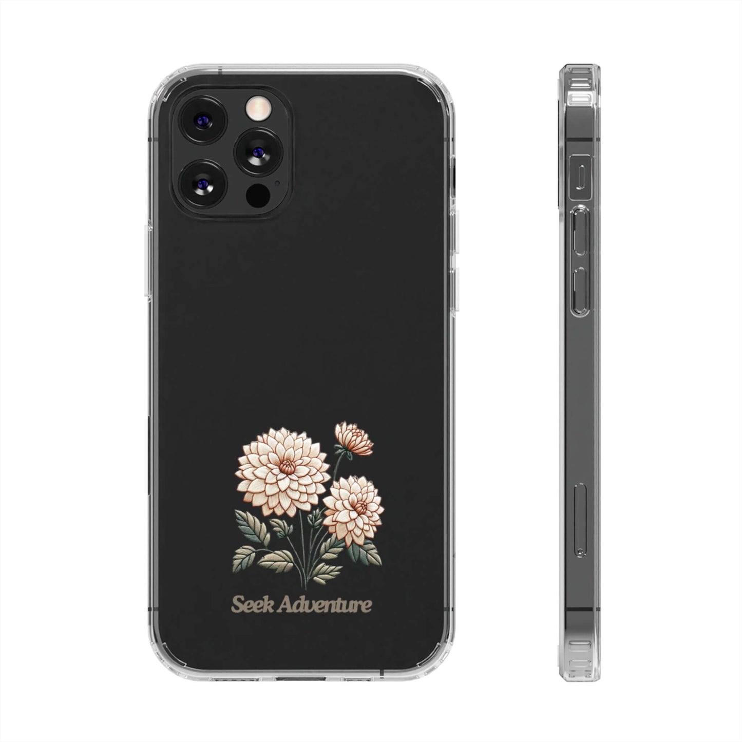 Clear Dahlia floral case for iPhone 11 with "Seek Adventure" message, sleek modern design, phone shell showcasing minimalistic embroidery.