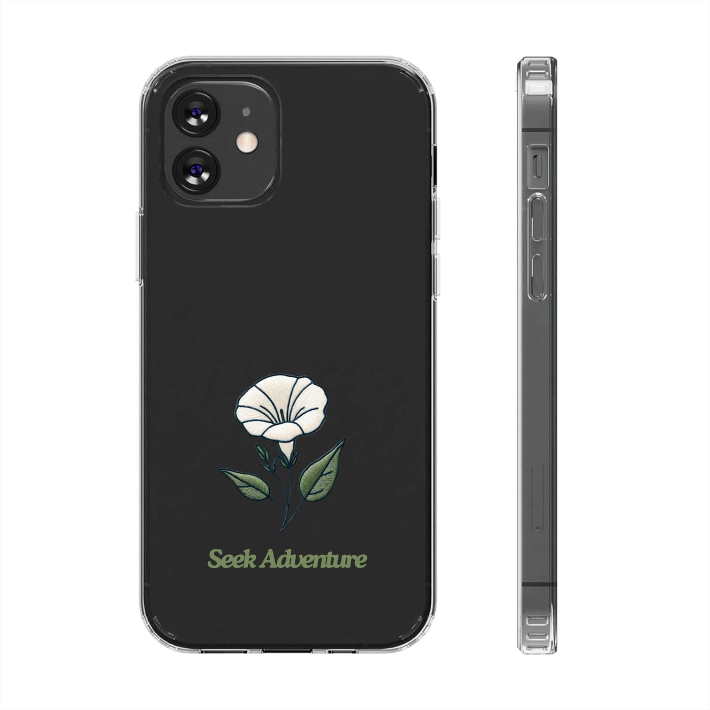 Floral case for iPhone 11 featuring elegant morning glory embroidery design with "Seek Adventure" text, clear phone shell.