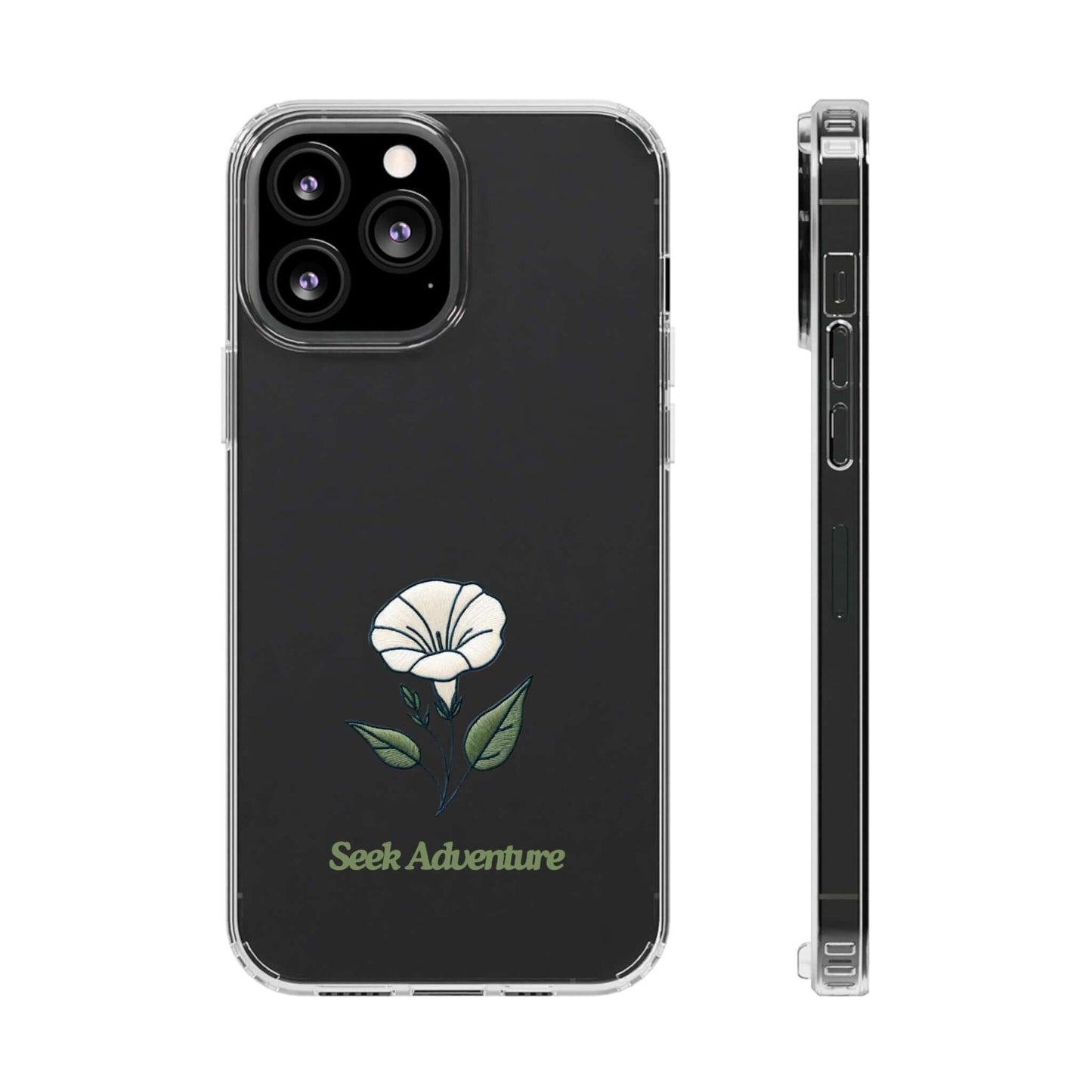 Clear iPhone 11 case with minimalistic morning glory flower design and 'Seek Adventure' text, showcasing sleek floral elegance.