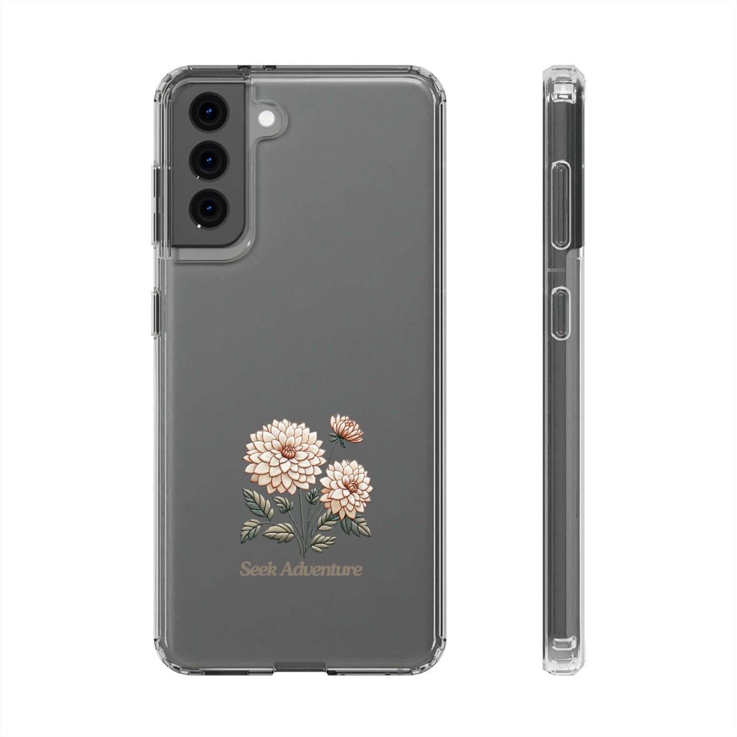 Clear phone case with embroidered dahlias and "Seek Adventure" text, perfect floral case for iPhone 11. Sleek and modern design.