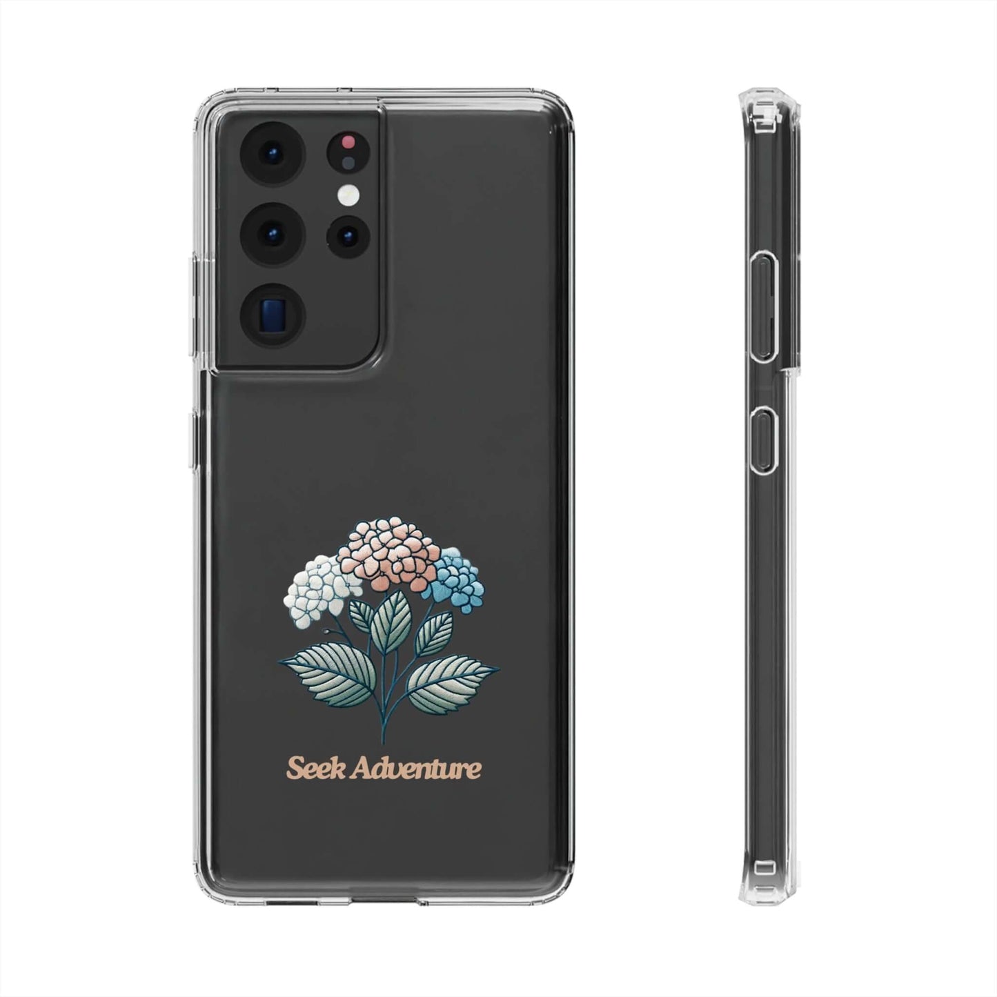 Clear phone case with blooming hydrangeas embroidery design and 'Seek Adventure' text, perfect floral case for iPhone 11 - phone shell features