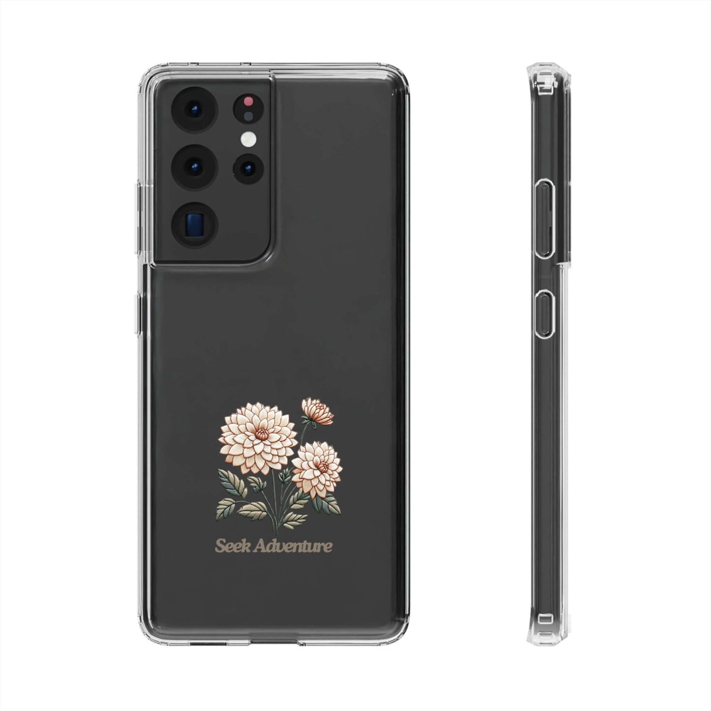 Minimalistic floral iPhone 11 case with embroidered dahlia design and "Seek Adventure" message, adding botanical elegance to your essentials.