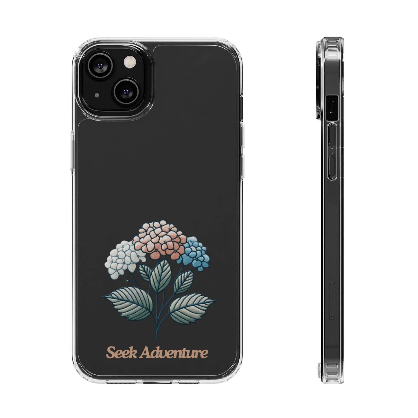 Clear phone case featuring embroidered hydrangeas and "Seek Adventure" text, designed for iPhone 11. Stylish and durable floral phone shell.