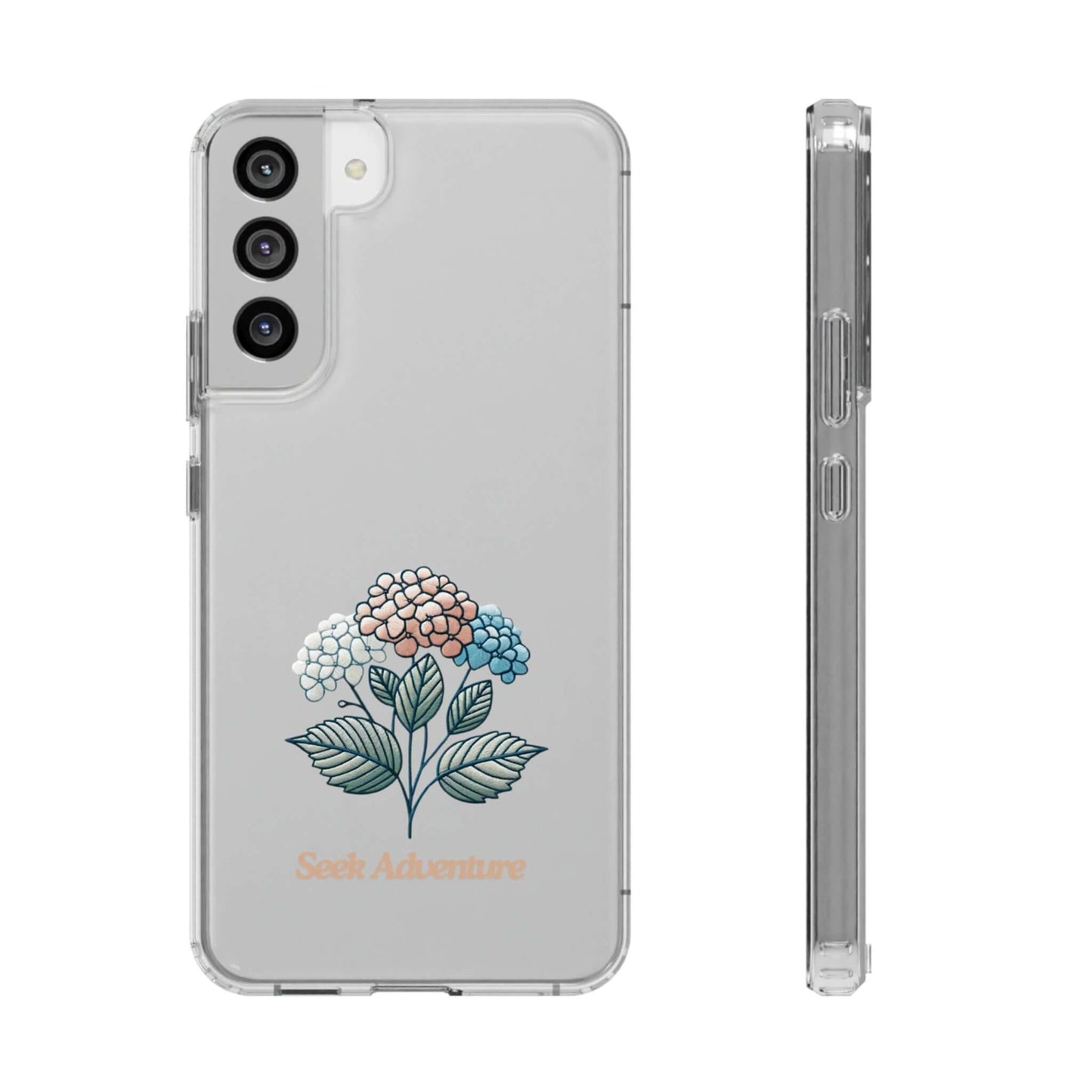 Sleek clear phone case with embroidered floral hydrangea design for iPhone 11, showcasing elegant floral beauty and modern phone shell features