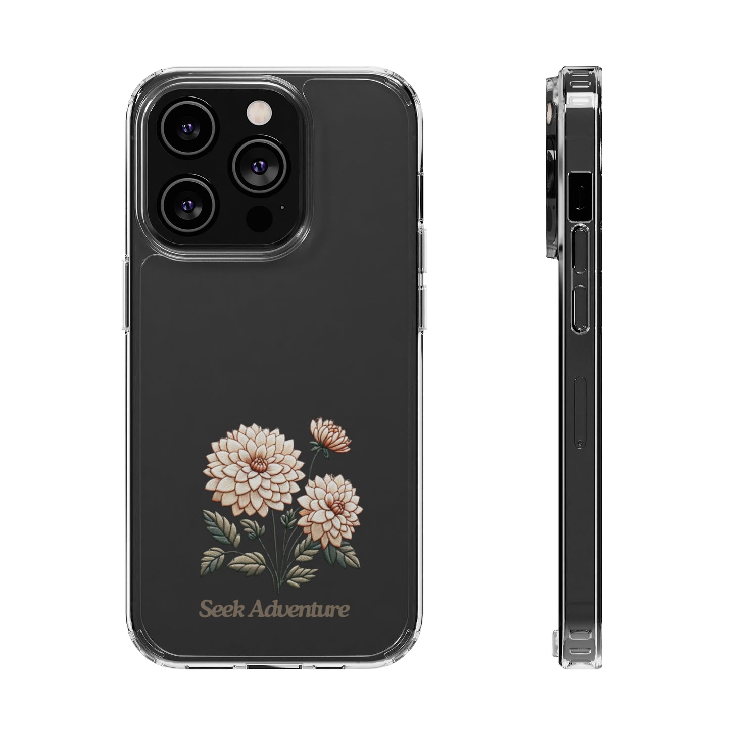 Clear iPhone 11 case with floral dahlia design and "Seek Adventure" message, showcasing minimalistic embroidery and botanical elegance.