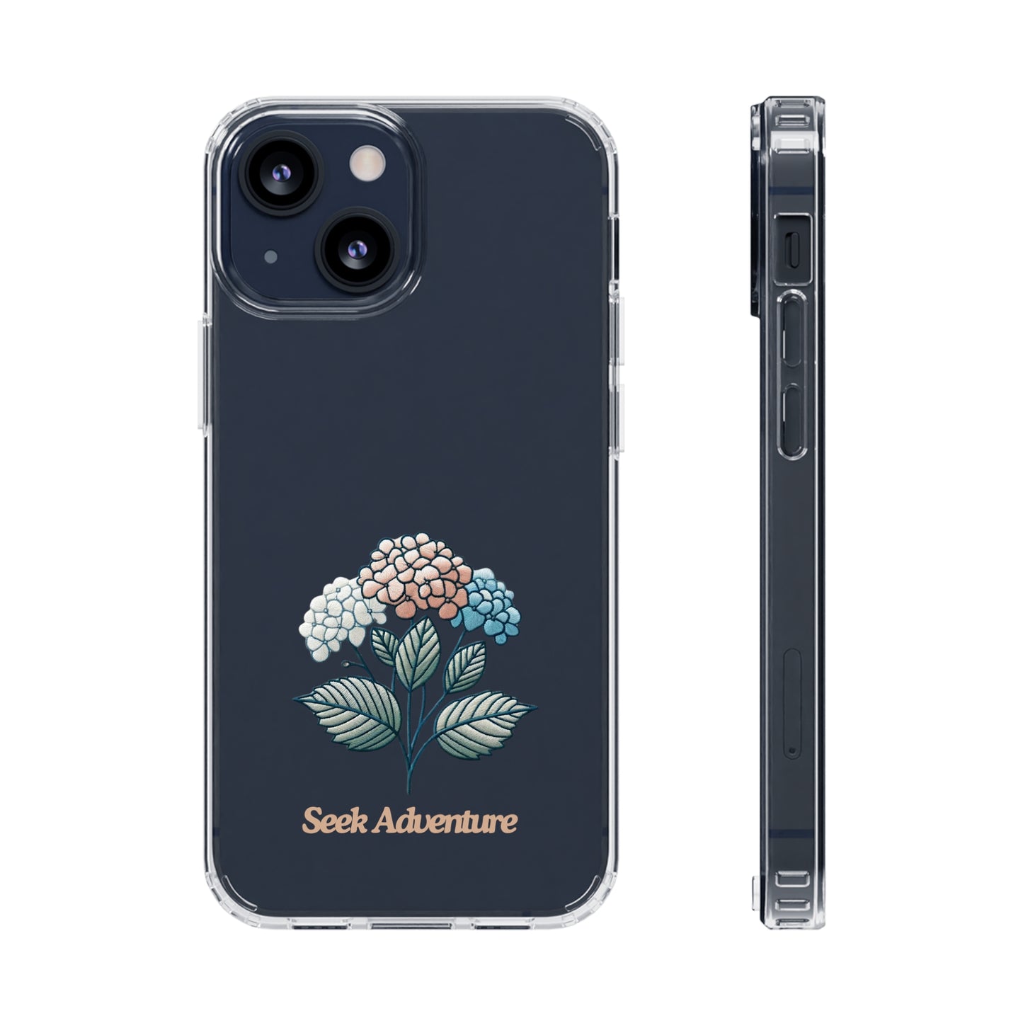 Blooming Hydrangeas - Clear Case with minimalistic floral design for iPhone 11, showcasing a charming phone shell featuring hydrangea embroidery.