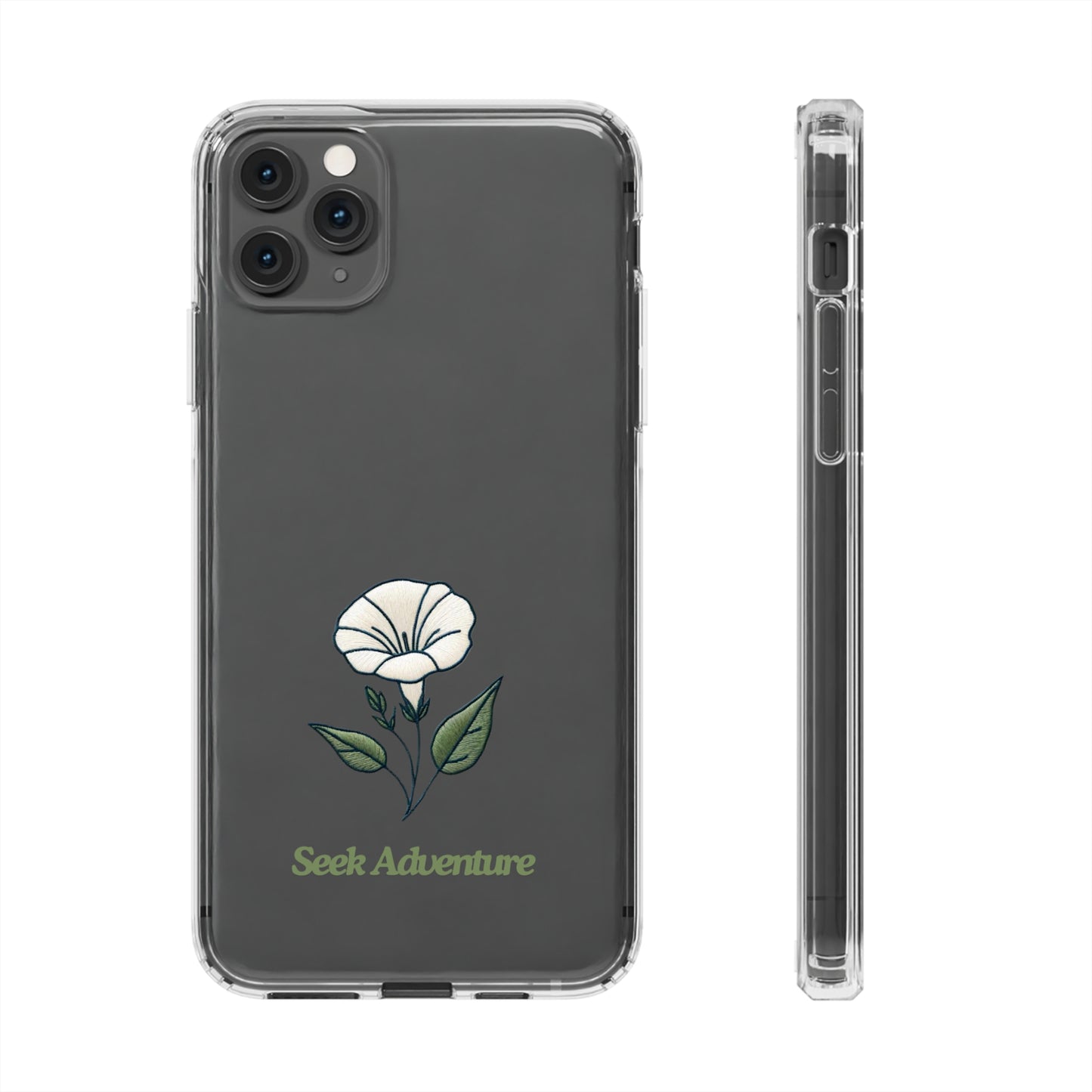 Clear iPhone 11 case with embroidered morning glory flower design and 'Seek Adventure' text. Premium floral phone shell with modern elegance.