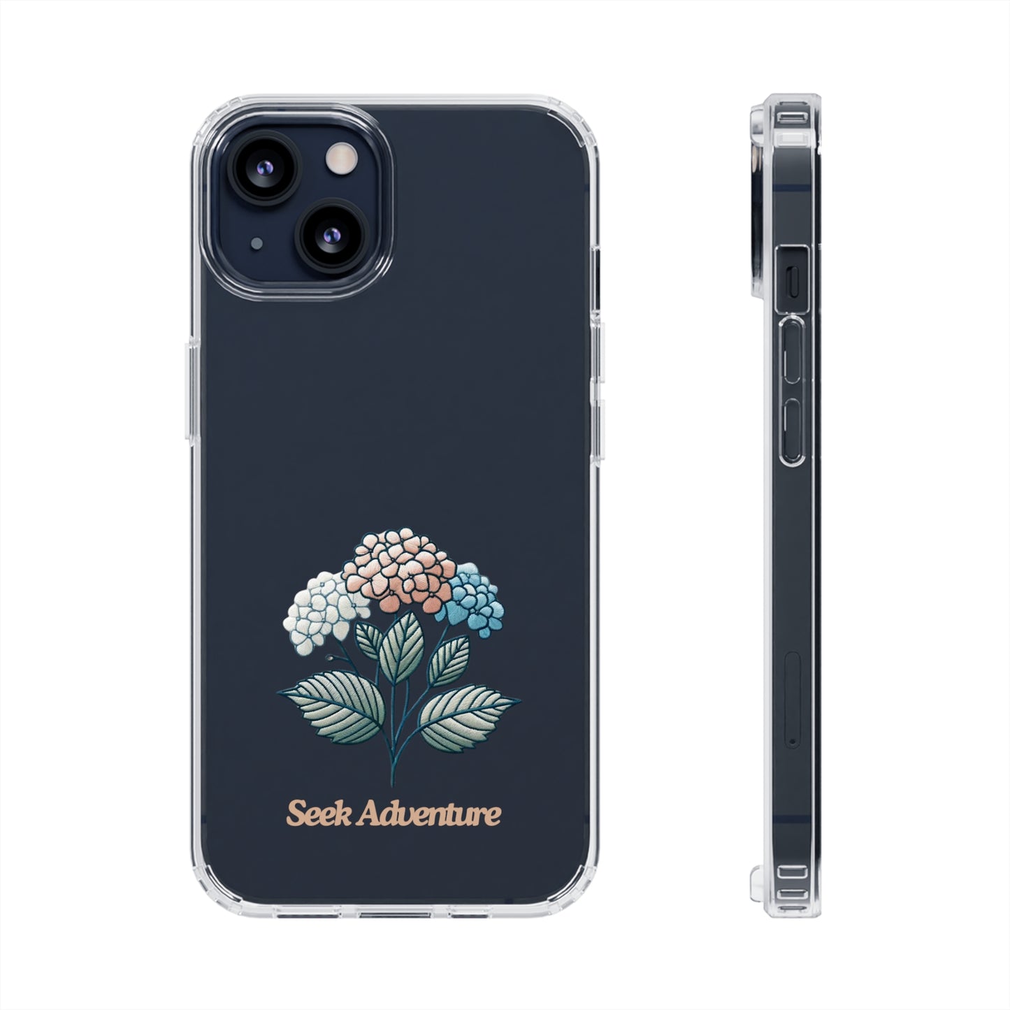 Blooming Hydrangeas iPhone 11 case with floral embroidery design and "Seek Adventure" text, minimalistic clear phone shell.