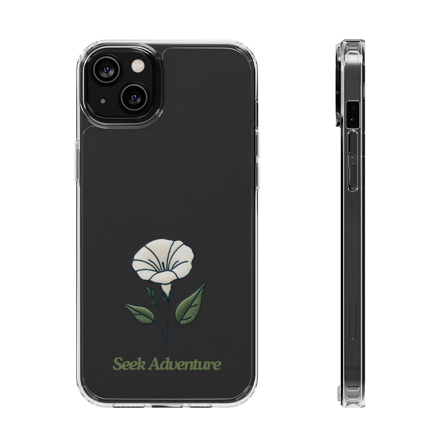 Minimalistic morning glory iPhone 11 case with "Seek Adventure" text, showcasing delicate floral embroidery design on a sleek clear shell.