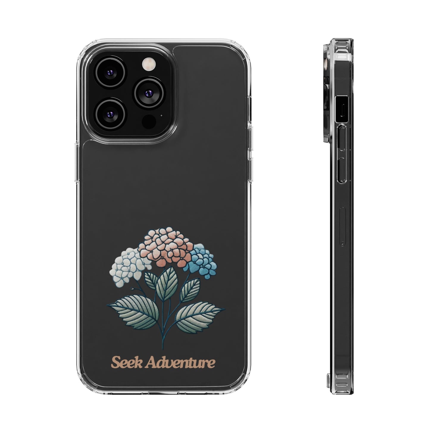 Clear phone case with blooming hydrangeas embroidery design, perfect floral case for iPhone 11. High-quality sleek phone shells with floral elegance.