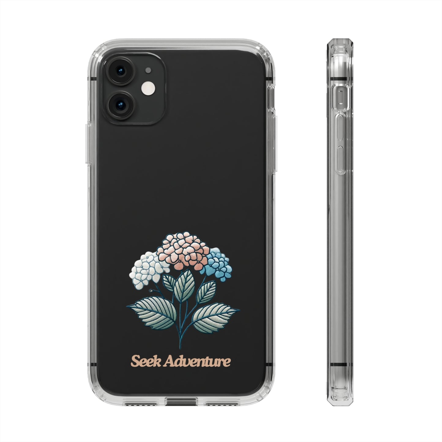 Blooming Hydrangeas clear phone case for iPhone 11, featuring embroidery design of hydrangeas, floral elegance with "Seek Adventure" text.