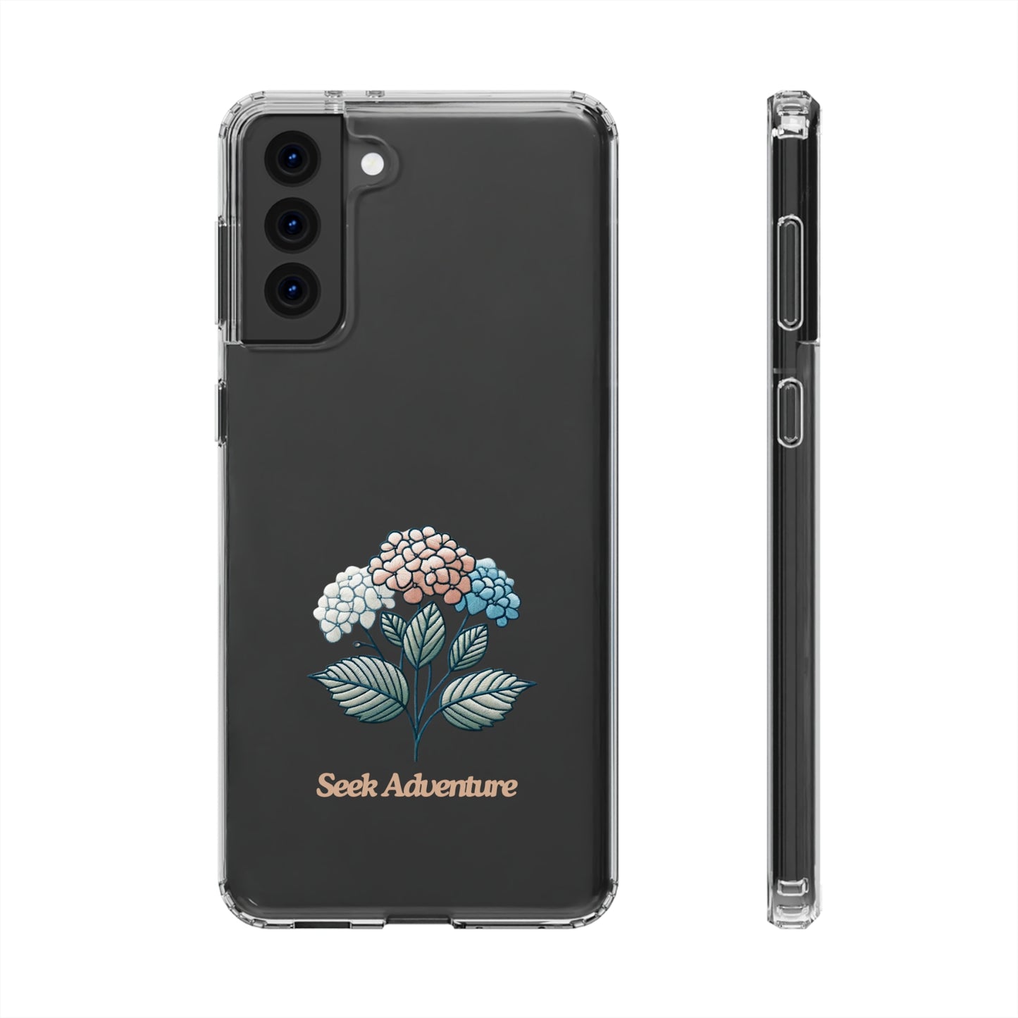 Clear phone case featuring embroidered hydrangeas and the text "Seek Adventure," showcasing a floral design for iPhone 11.