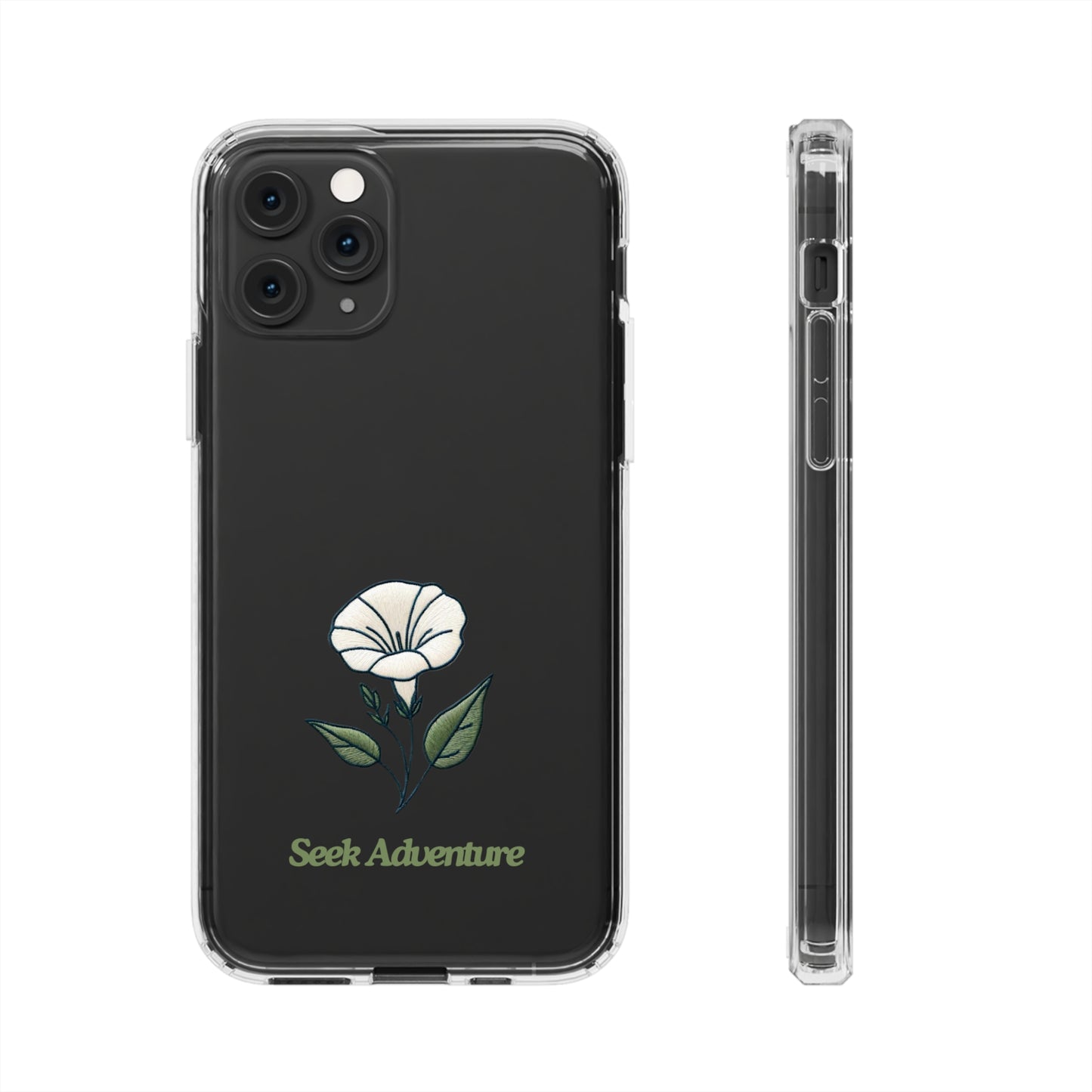 Morning Glory floral case for iPhone 11 with minimalistic embroidery design, clear phone case, "Seek Adventure" text, side and back view.