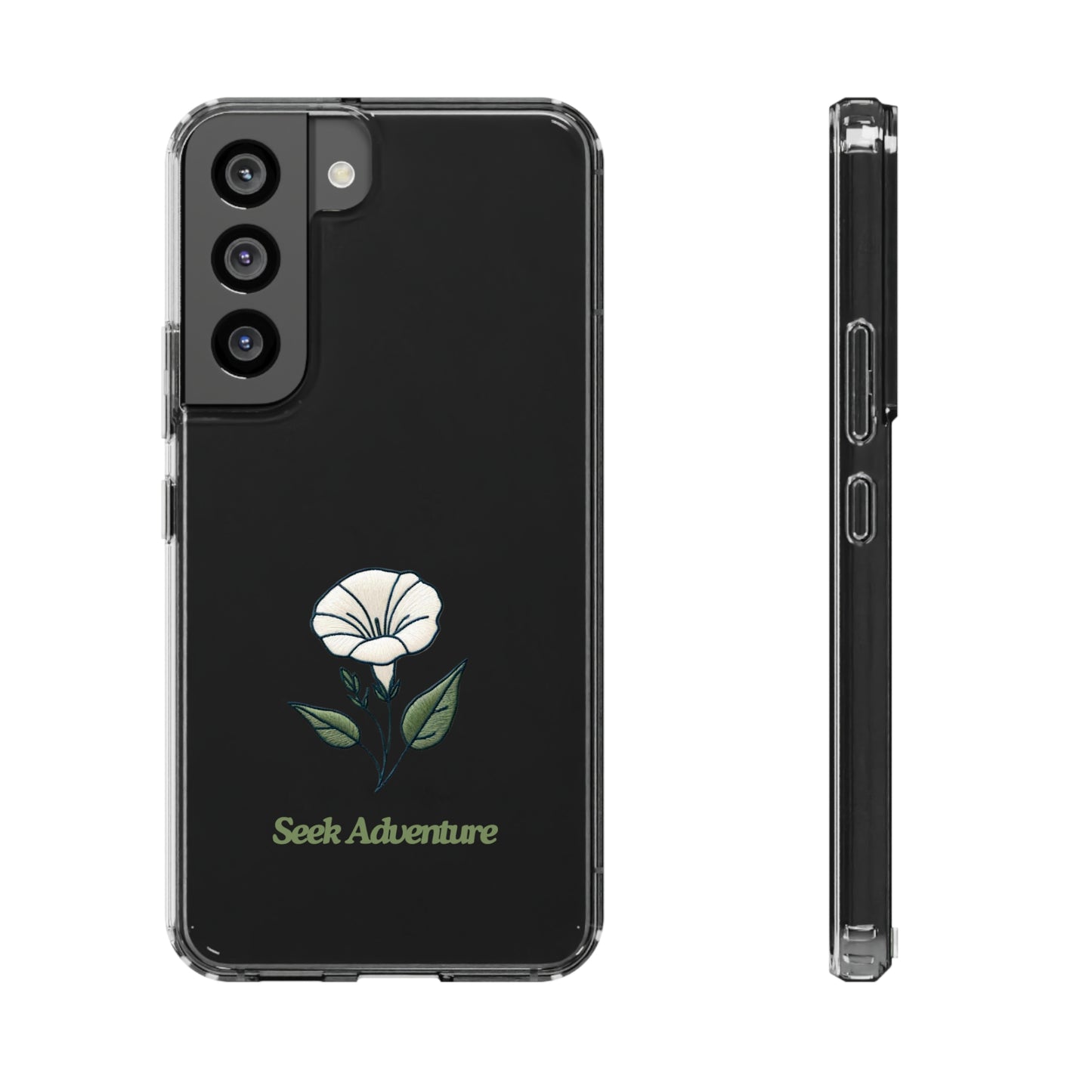 Sleek floral case for iPhone 11 with minimalistic morning glory design and “Seek Adventure” text