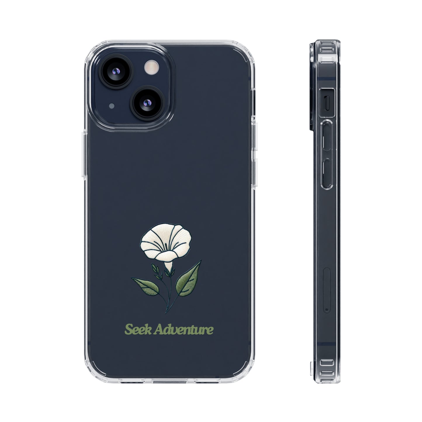 Morning Glory clear case for iPhone 11 with embroidered flower design, showcasing sleek phone shell with "Seek Adventure" text.