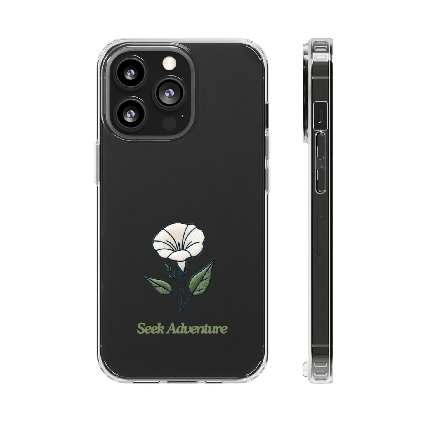 Minimalistic embroidery design Morning Glory clear phone case for iPhone 11, featuring the text "Seek Adventure" and camera cutouts.