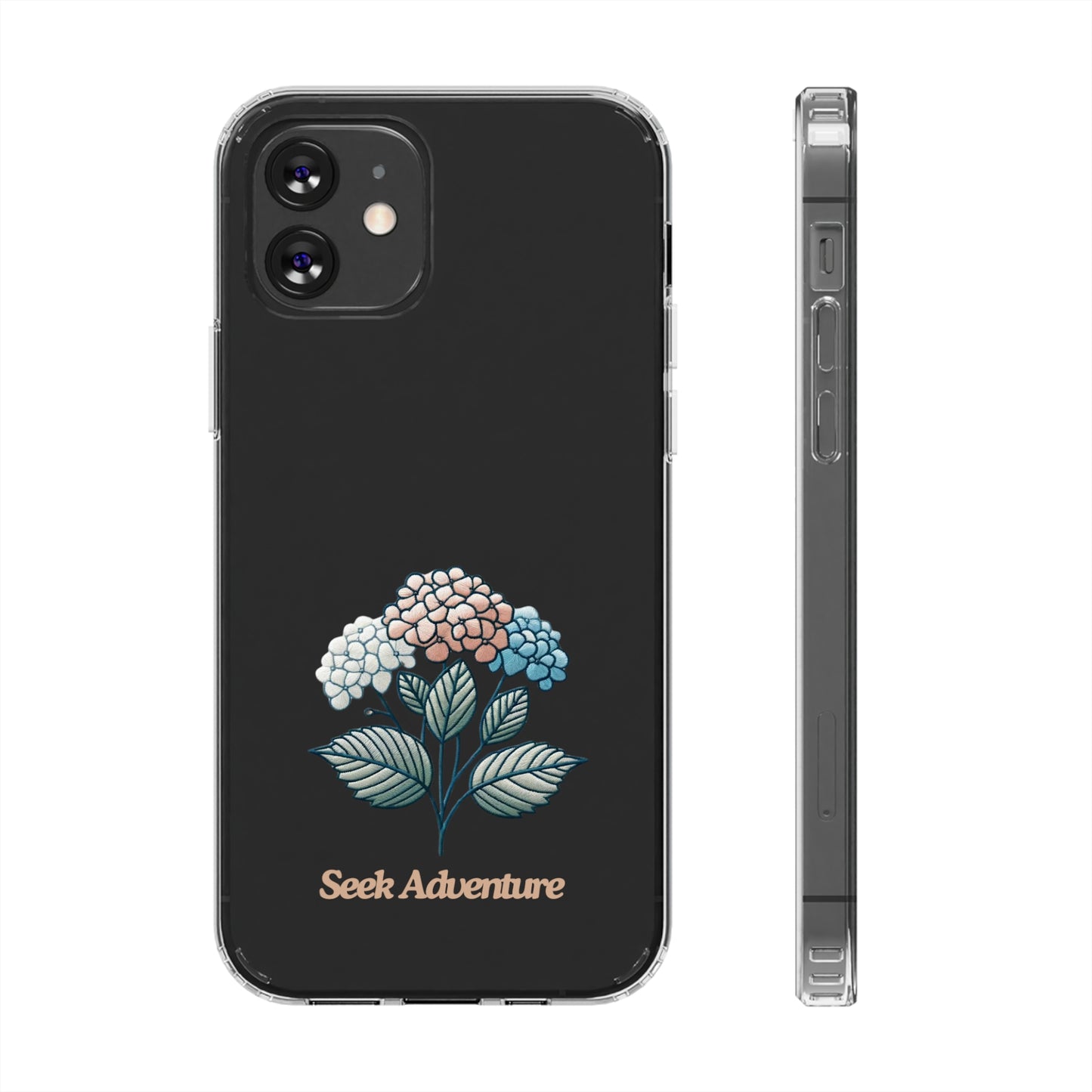 Stylish iPhone 11 clear case with blooming hydrangeas embroidery design and text "Seek Adventure," offering a floral touch to your phone.