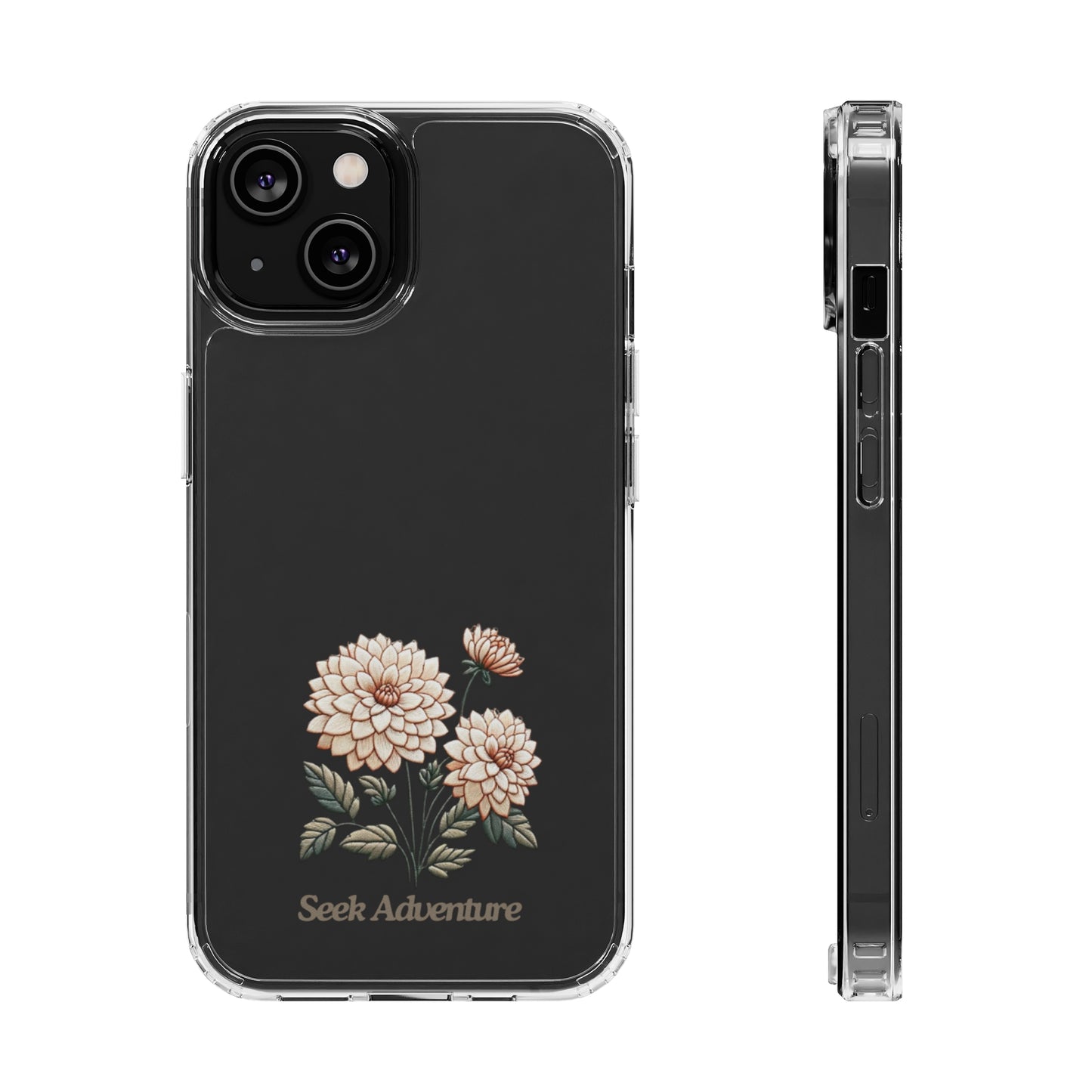 Clear iPhone 11 case with embroidered dahlia flowers and "Seek Adventure" message, featuring sleek modern design and high-quality materials.