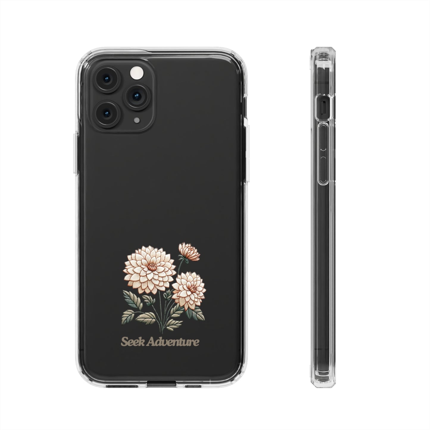 Minimalistic Dahlia embroidery clear phone case for iPhone 11 with "Seek Adventure" message, showcasing floral elegance in a sleek design.