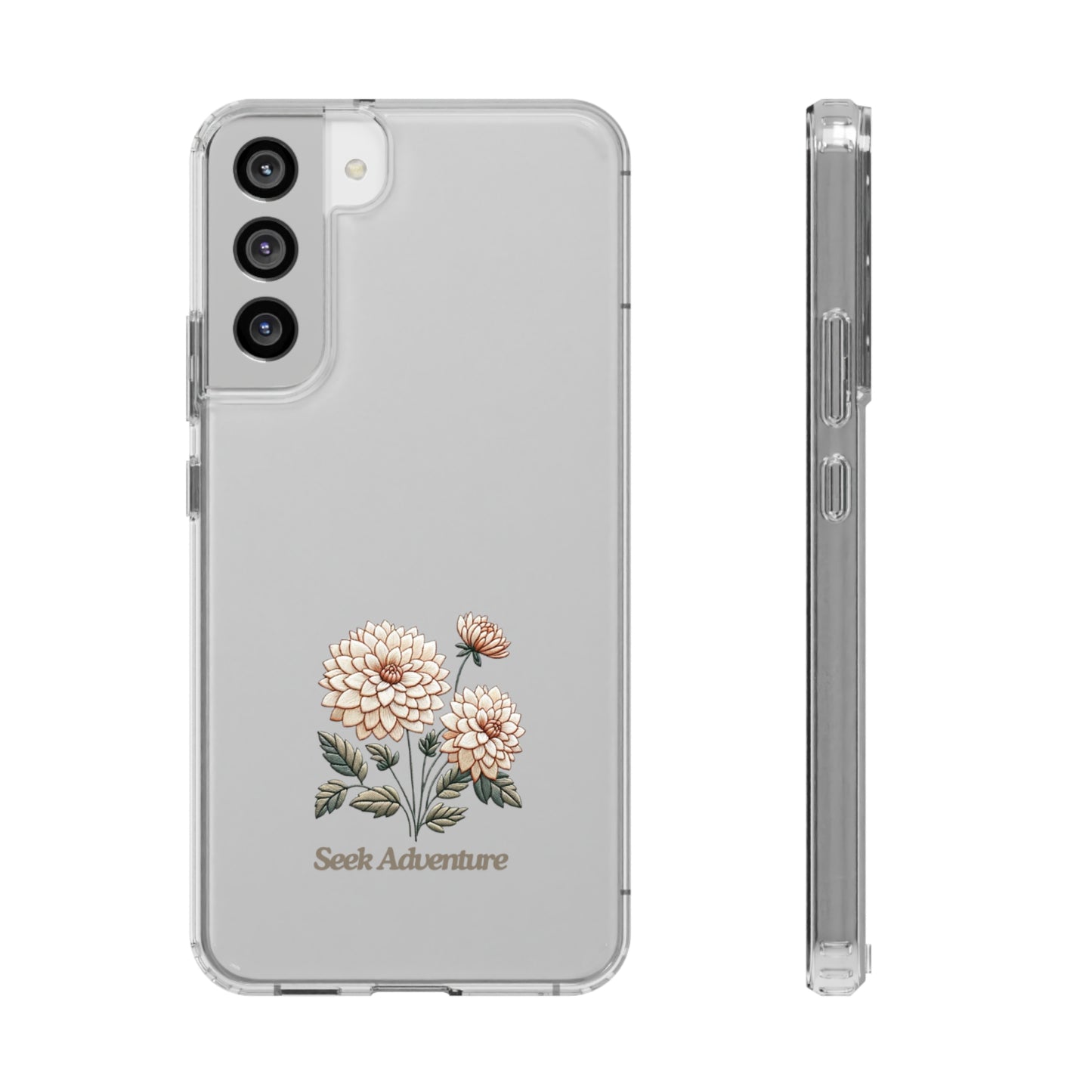 Clear floral case for iPhone 11 with minimalistic dahlia design and "Seek Adventure" message – sleek, botanical elegance in phone shells.