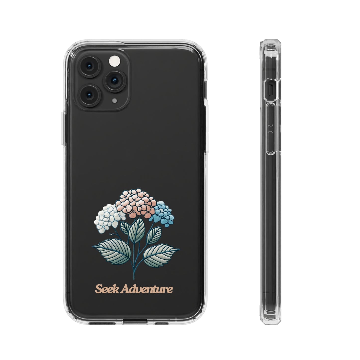 Blooming Hydrangeas phone case for iPhone 11 with minimalistic floral design and "Seek Adventure" text, sleek and modern phone shell.