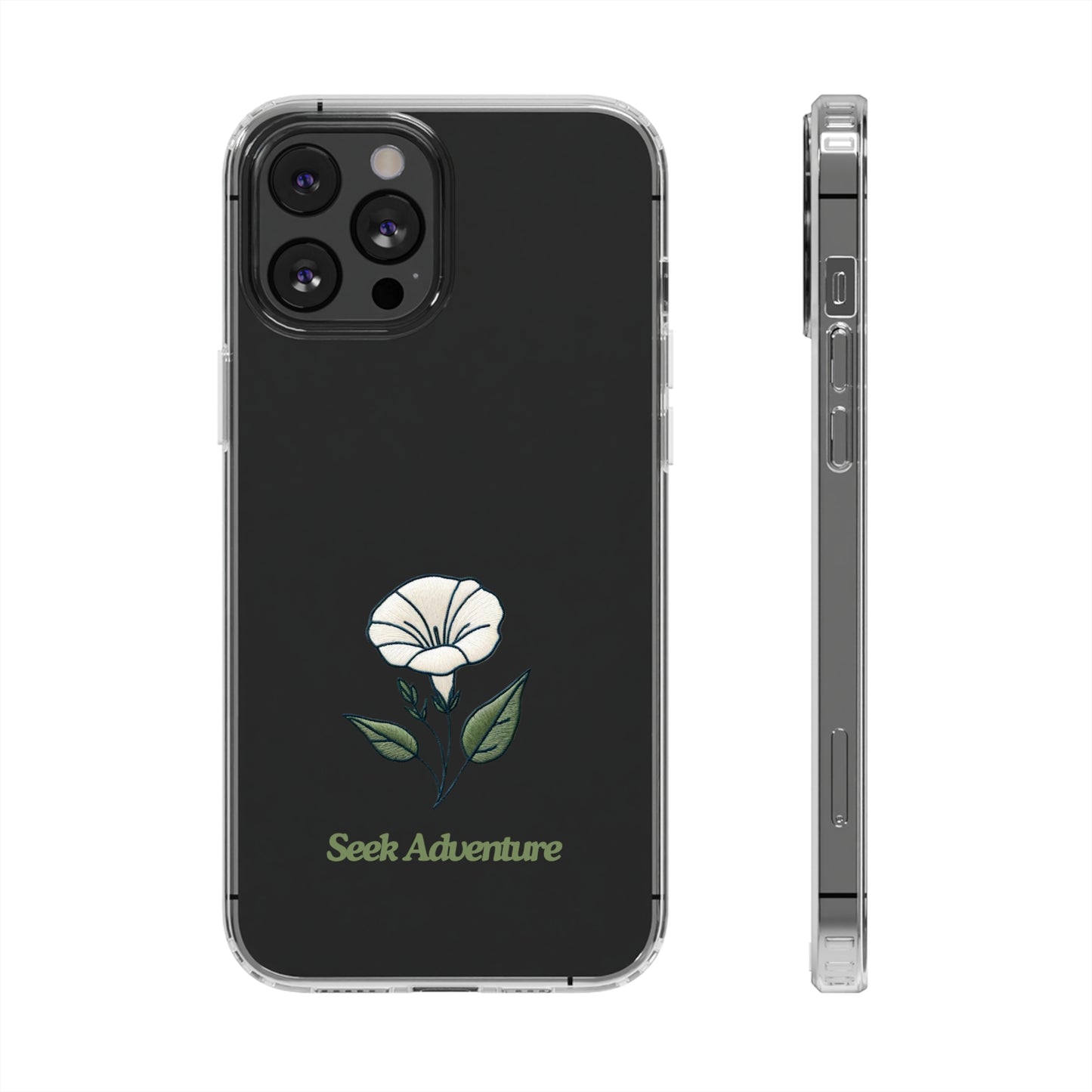 Morning Glory - Clear Case for iPhone 11 with floral design and "Seek Adventure" text, elegant phone case with minimalistic embroidery.