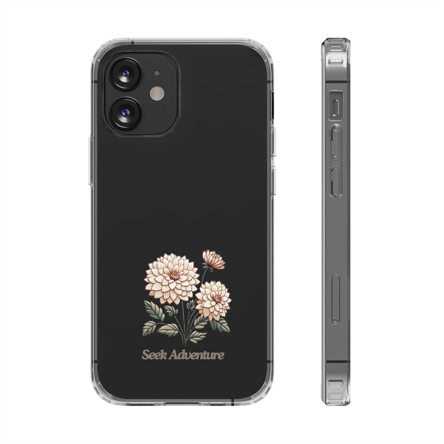 Clear iPhone 11 case with embroidered dahlia flowers and "Seek Adventure" text, perfect floral phone shell for modern and sleek design lovers.