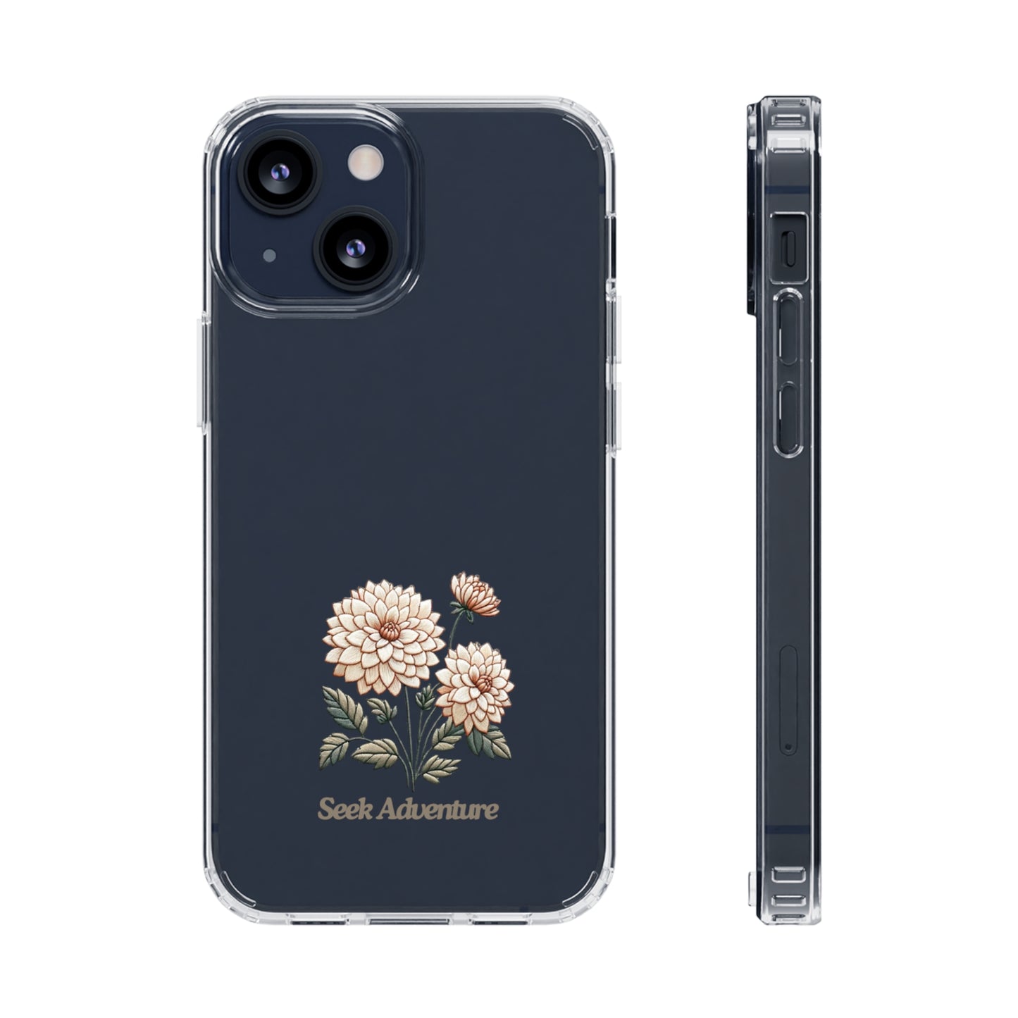 Clear iPhone 11 case with floral embroidery design and "Seek Adventure" message, featuring dahlias for a touch of botanical elegance.