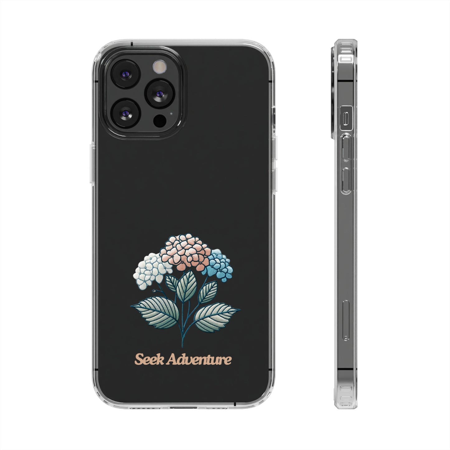 "Blooming Hydrangeas clear case with floral embroidery design for iPhone 11, featuring text 'Seek Adventure' and sleek modern look."