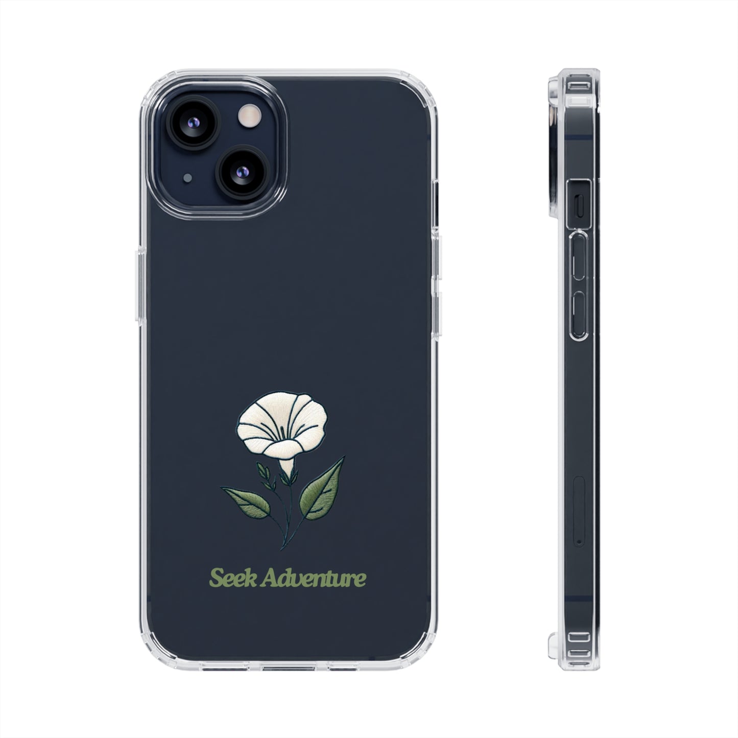 Sleek clear phone case for iPhone 11 with embroidered morning glory flower design and text "Seek Adventure" on black background.