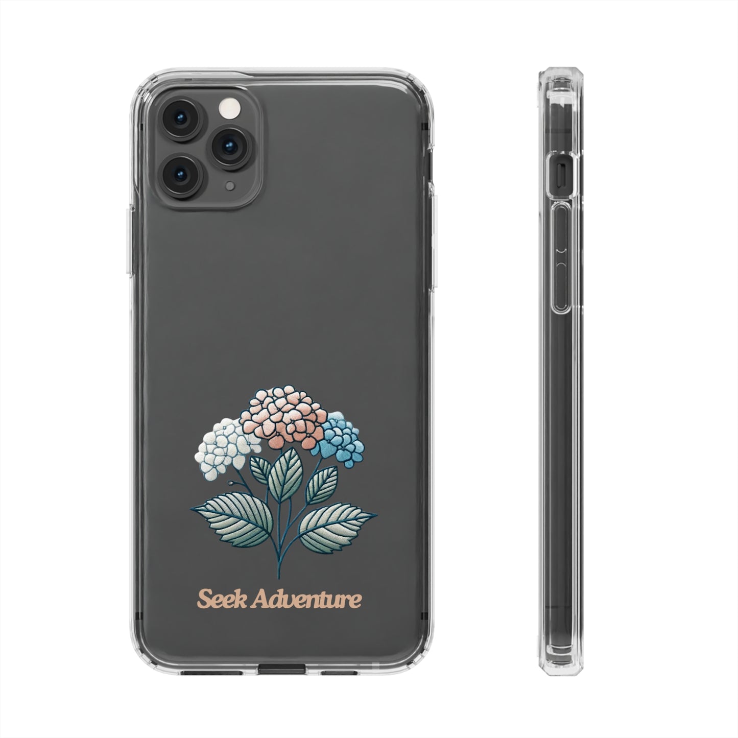 Blooming Hydrangeas phone case for iPhone 11 with floral embroidery, featuring delicate colorful flowers and "Seek Adventure" text in clear case design.