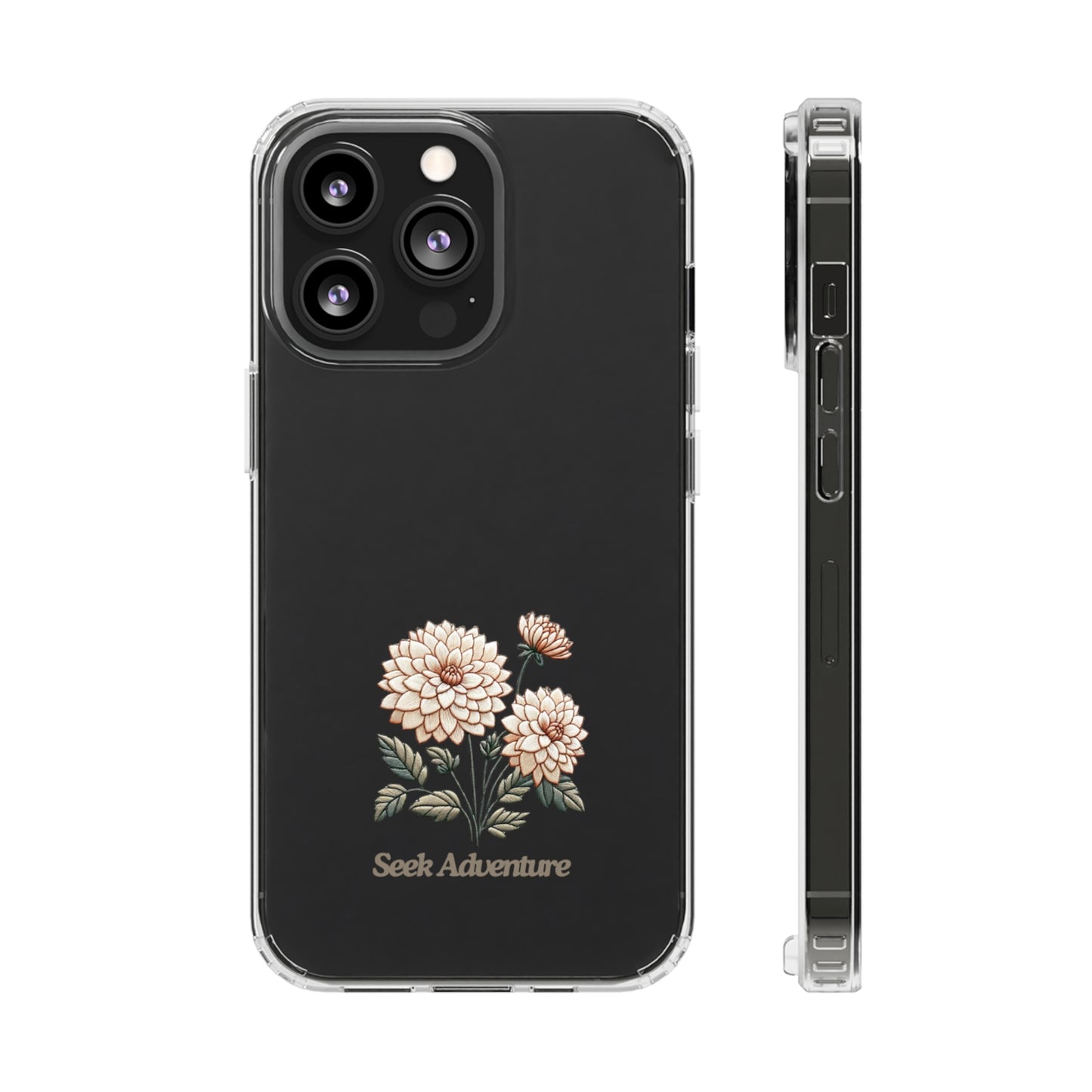 "Seek Adventure" Dahlia - Clear Case for iPhone 11 with floral embroidery design - sleek and stylish phone shell.