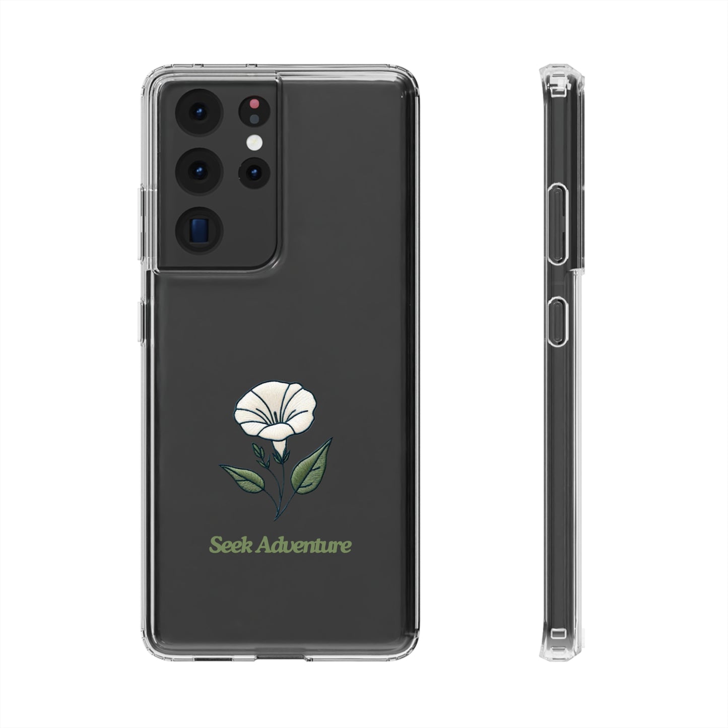 Minimalistic floral phone case with a morning glory design and "Seek Adventure" text for iPhone 11, showcasing sleek and modern elegance.