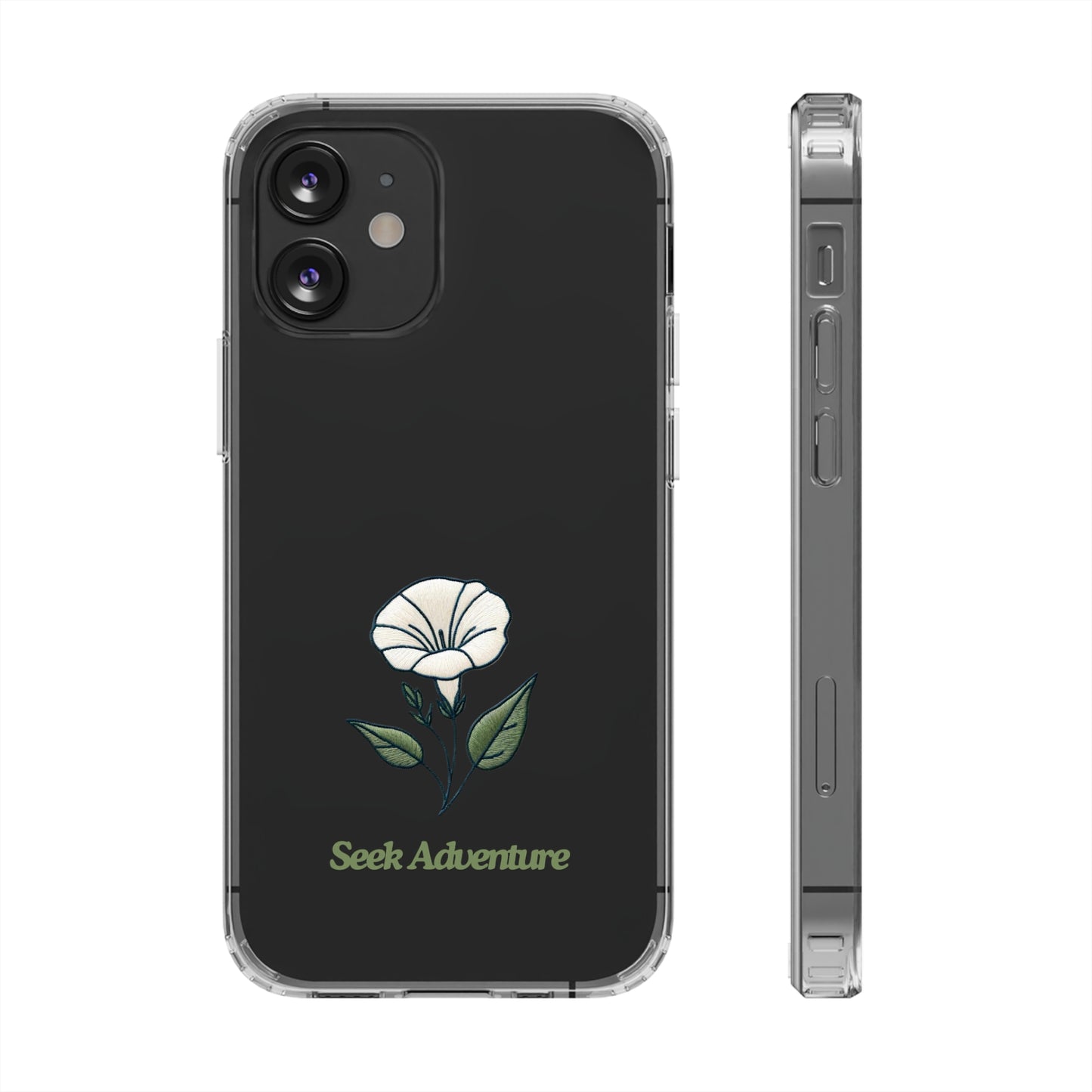 Clear Morning Glory phone case for iPhone 11 with elegant floral embroidery design and "Seek Adventure" text, sleek phone shell.