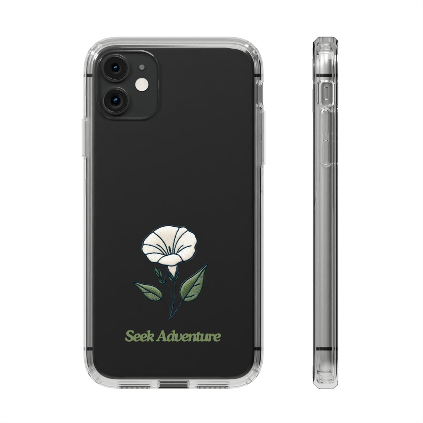 "Morning Glory Clear Case for iPhone 11 with minimalist floral embroidery design and 'Seek Adventure' text, sleek and stylish phone shell"