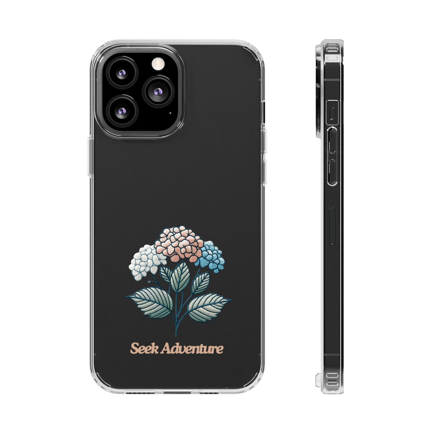 Minimalistic Blooming Hydrangeas Clear Case - Floral Case for iPhone 11, Sleek Phone Shell with Embroidered Hydrangea Design, Capturing Floral Elegance