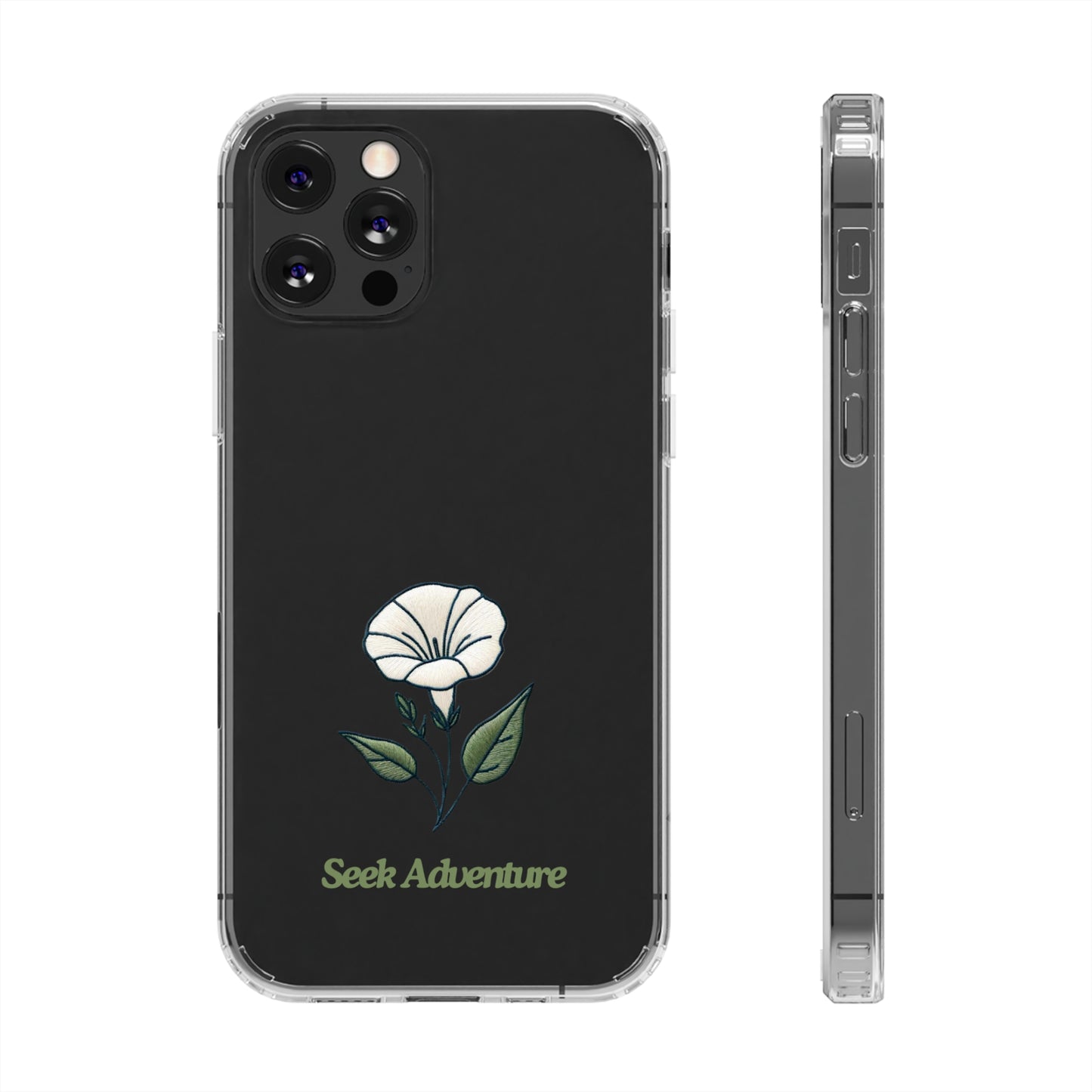 Clear iPhone 11 case with minimalistic embroidery of morning glory flower, featuring "Seek Adventure" text, slim and protective phone shell design